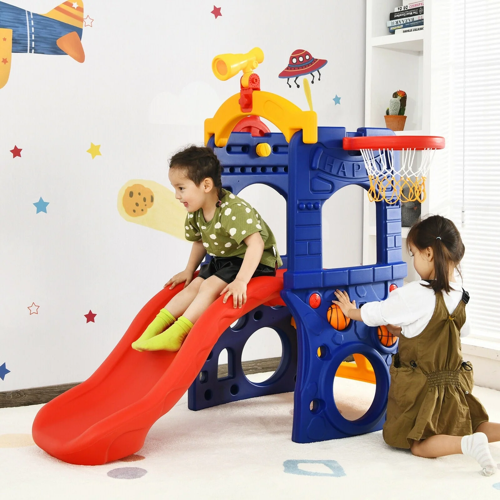 6-in-1 Freestanding Kids Slide with Basketball Hoop and Ring Toss - Image 6