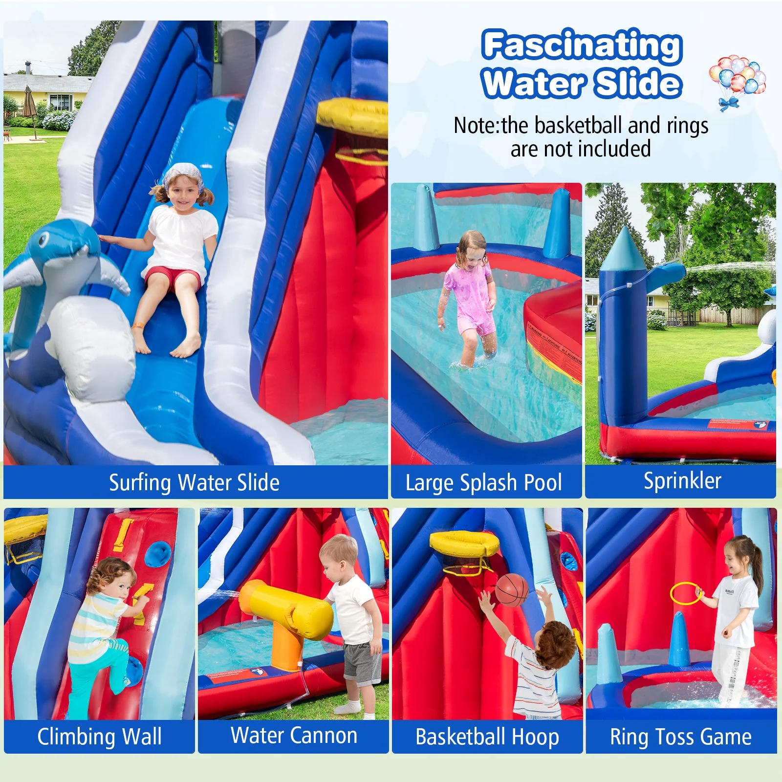 6-In-1 Inflatable Water Park with Climbing Wall Splash Pool (Without Blower) - Image 8