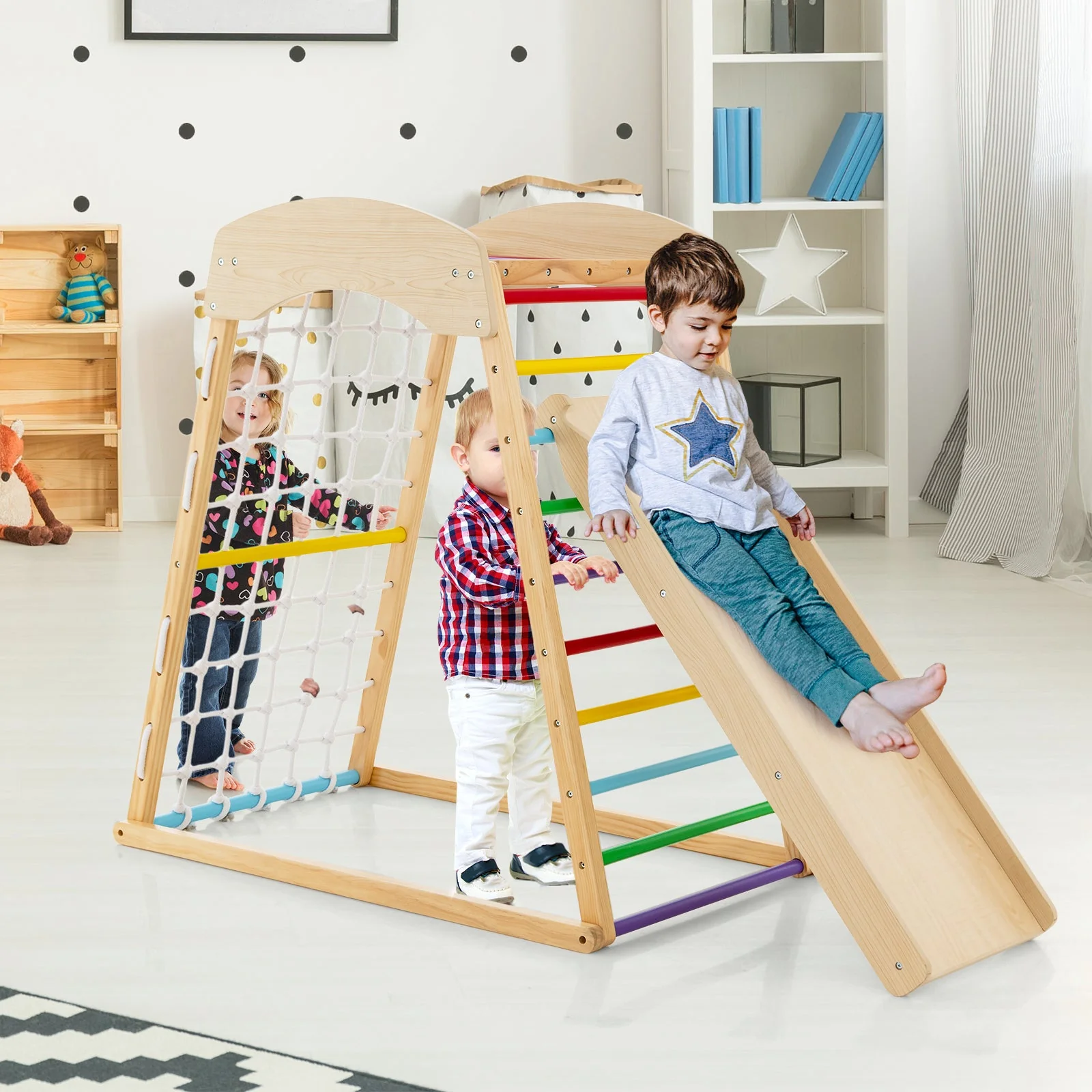 6-in-1 Jungle Gym Wooden Indoor Playground with Double-Sided Ramp and Monkey Bars-Multicolor - Image 2