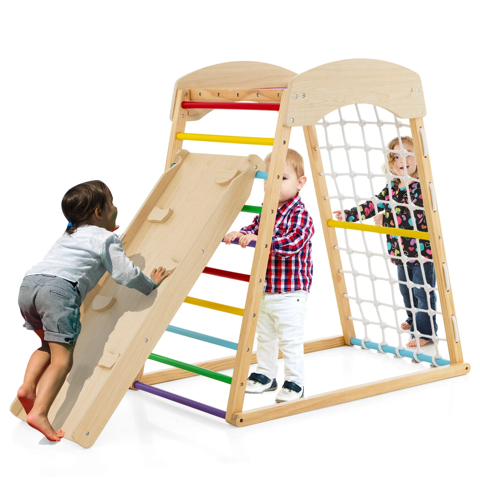 6-in-1 Jungle Gym Wooden Indoor Playground with Double-Sided Ramp and Monkey Bars-Multicolor - Image 3