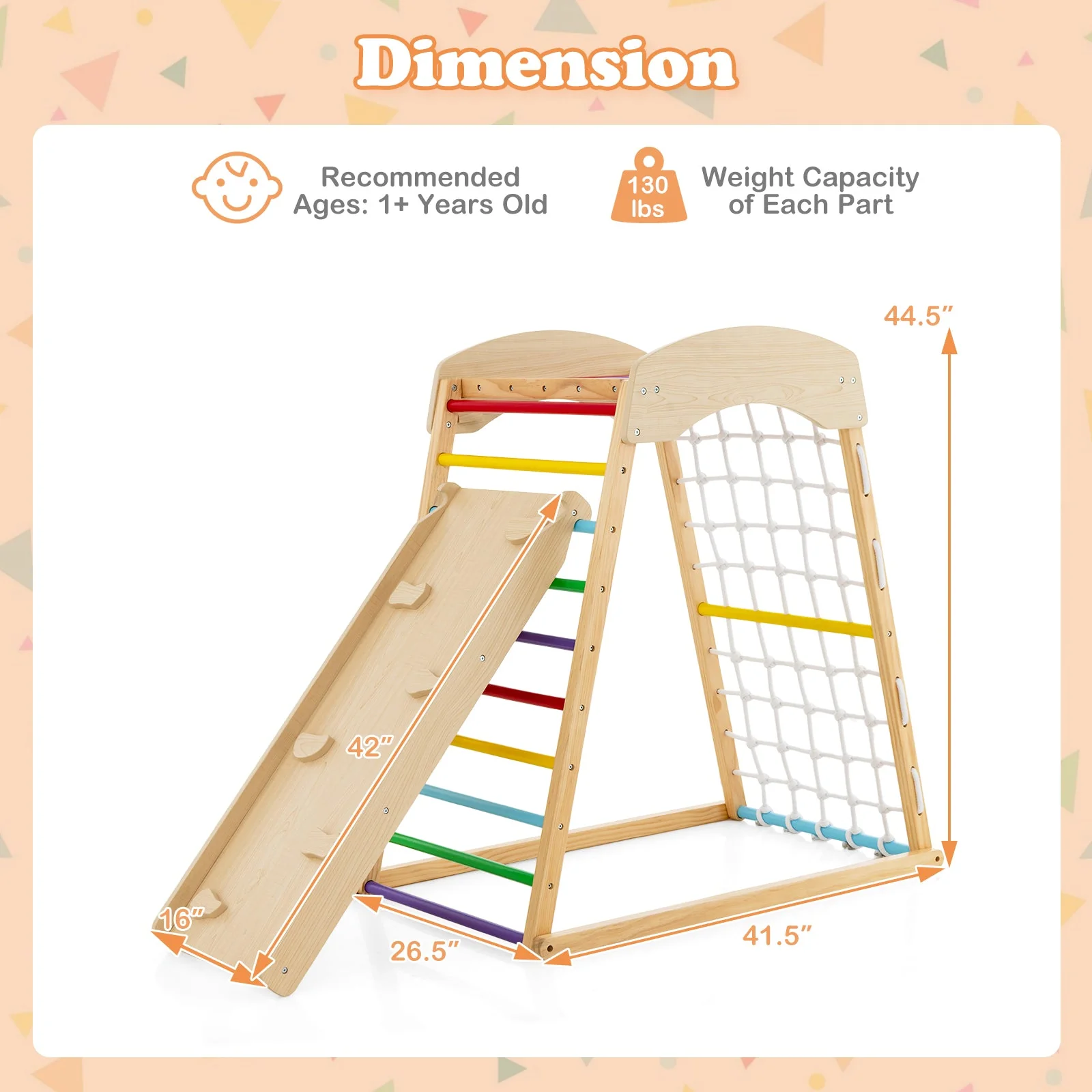 6-in-1 Jungle Gym Wooden Indoor Playground with Double-Sided Ramp and Monkey Bars-Multicolor - Image 4