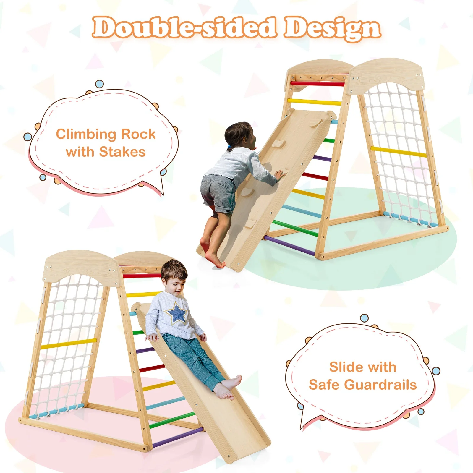 6-in-1 Jungle Gym Wooden Indoor Playground with Double-Sided Ramp and Monkey Bars-Multicolor - Image 5