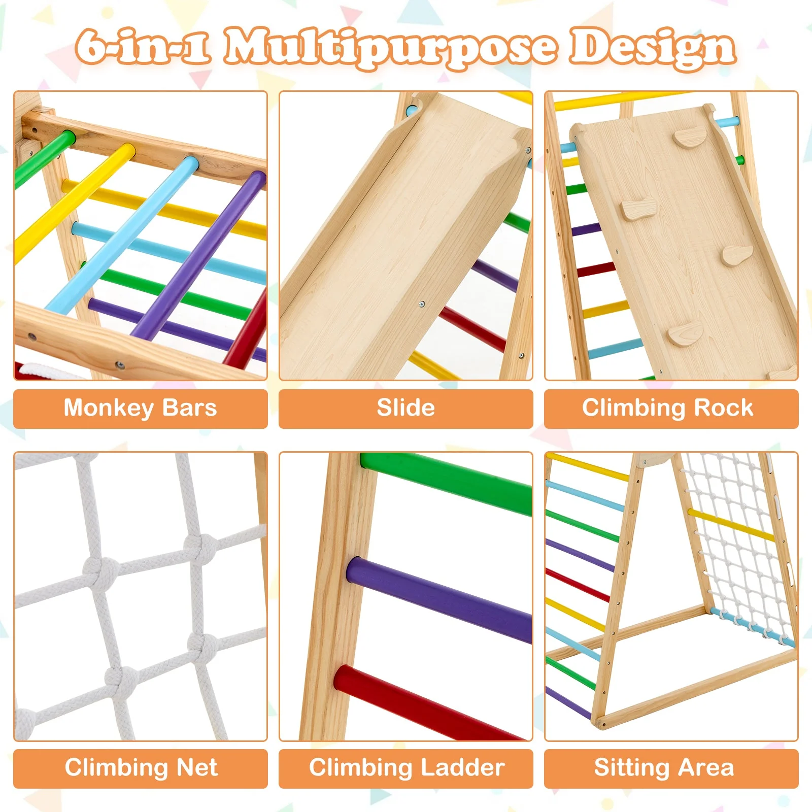 6-in-1 Jungle Gym Wooden Indoor Playground with Double-Sided Ramp and Monkey Bars-Multicolor - Image 6