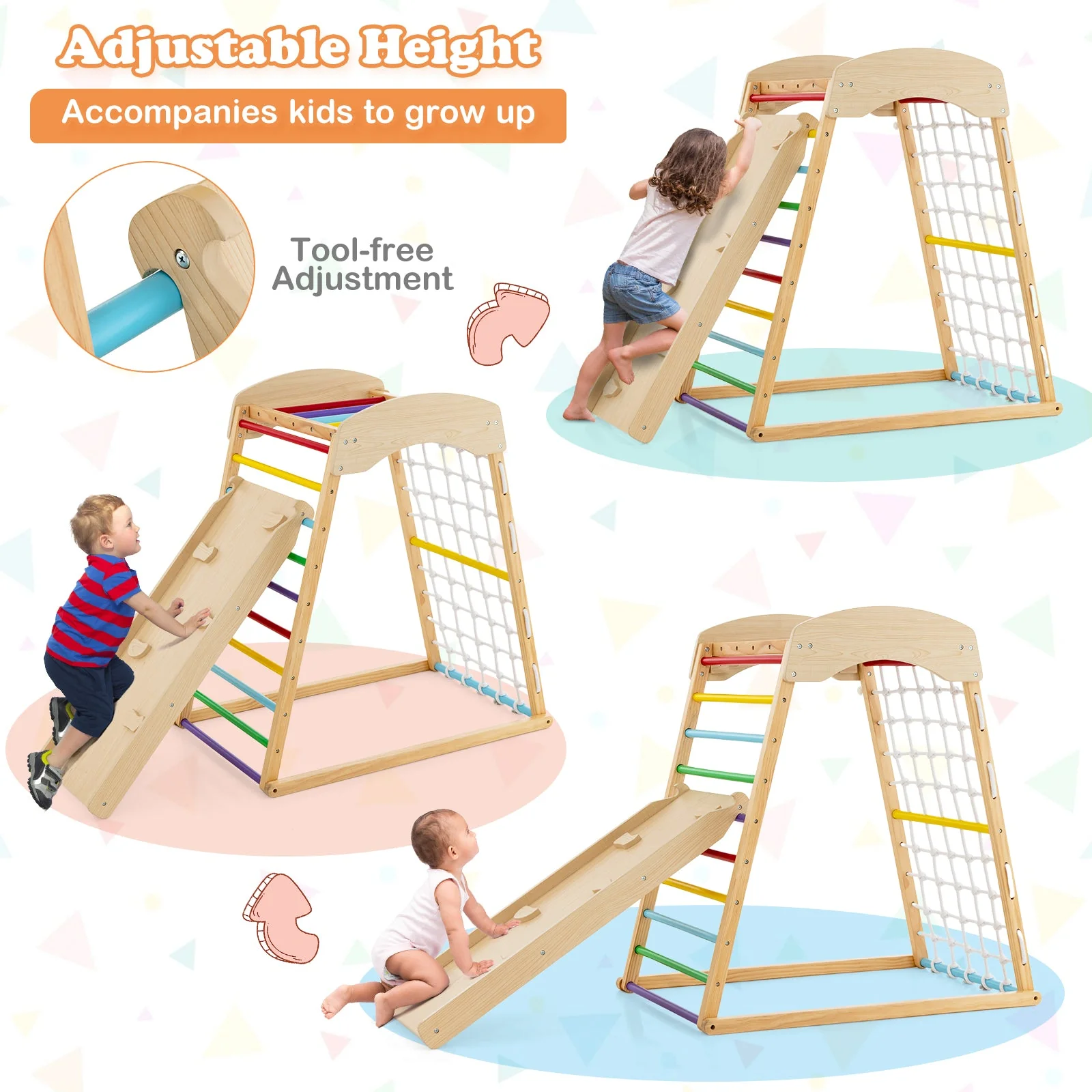 6-in-1 Jungle Gym Wooden Indoor Playground with Double-Sided Ramp and Monkey Bars-Multicolor - Image 7
