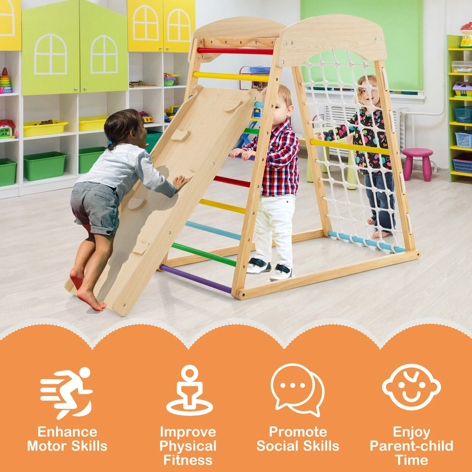 6-in-1 Jungle Gym Wooden Indoor Playground with Double-Sided Ramp and Monkey Bars-Multicolor - Image 8