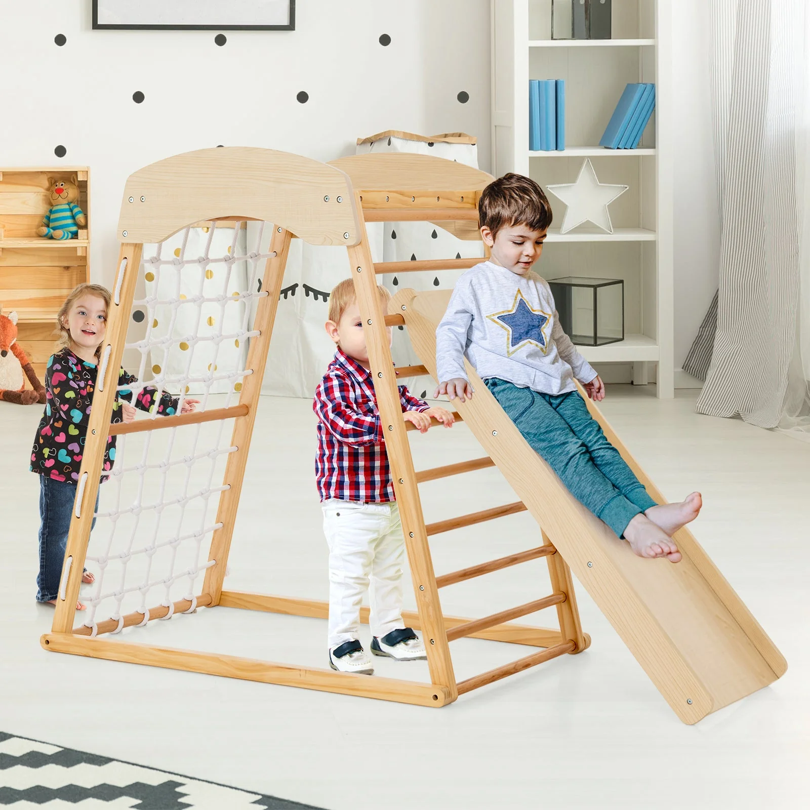 6-in-1 Jungle Gym Wooden Indoor Playground with Double-Sided Ramp and Monkey Bars-Natural - Image 2