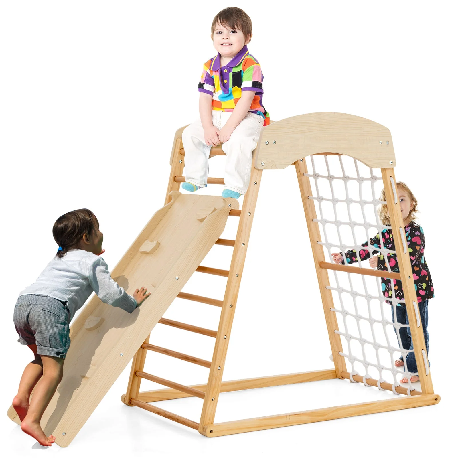 6-in-1 Jungle Gym Wooden Indoor Playground with Double-Sided Ramp and Monkey Bars-Natural - Image 3