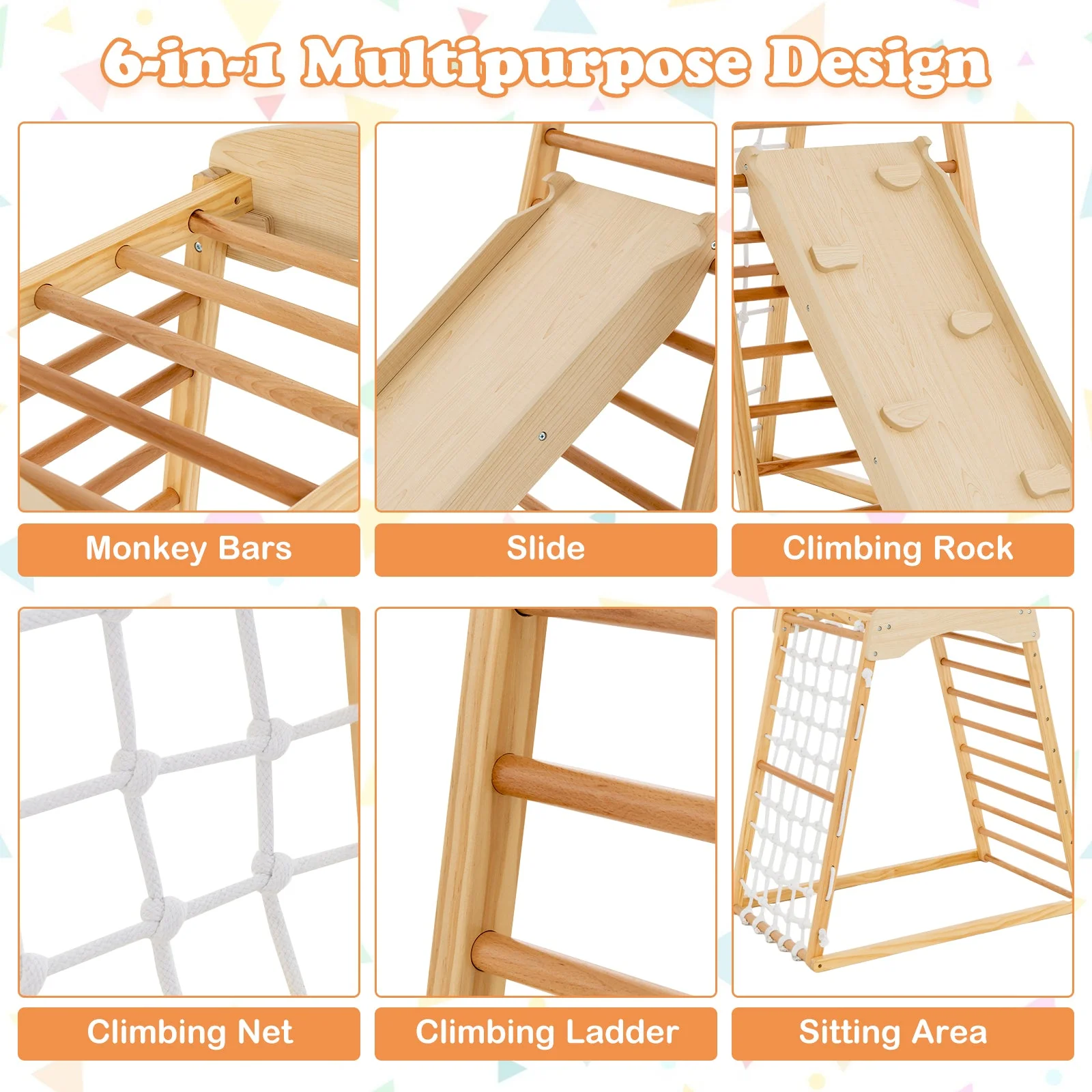 6-in-1 Jungle Gym Wooden Indoor Playground with Double-Sided Ramp and Monkey Bars-Natural - Image 5