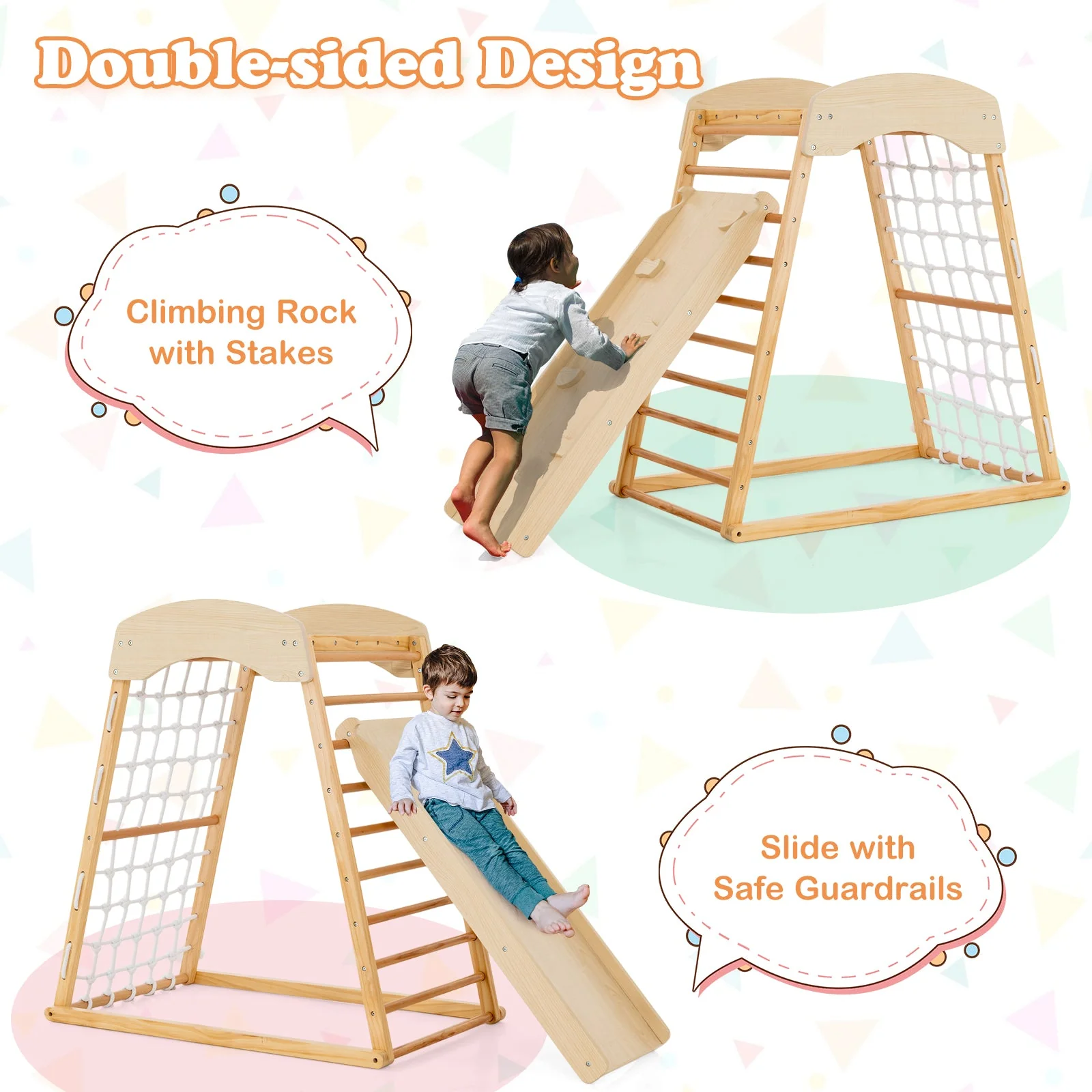 6-in-1 Jungle Gym Wooden Indoor Playground with Double-Sided Ramp and Monkey Bars-Natural - Image 6