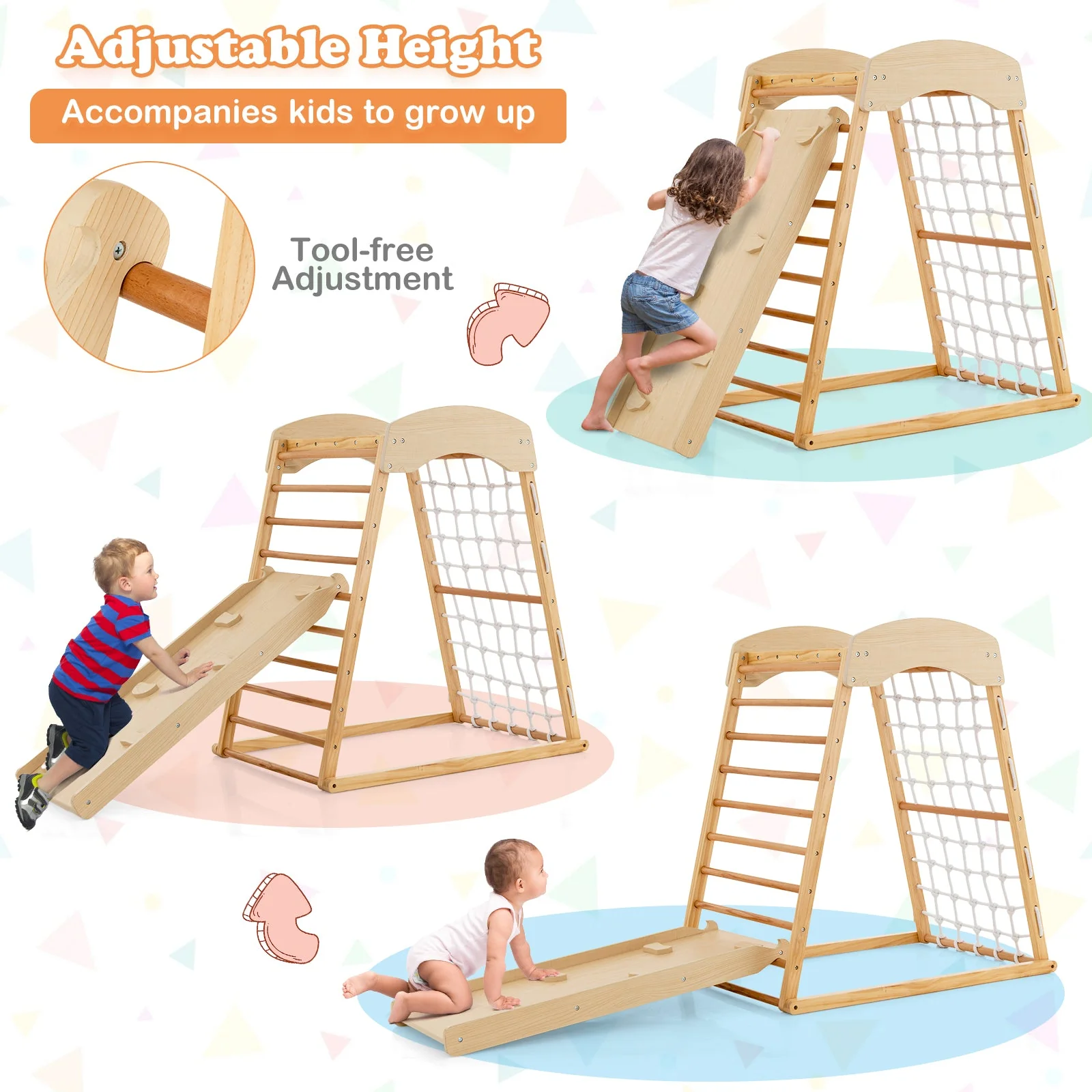6-in-1 Jungle Gym Wooden Indoor Playground with Double-Sided Ramp and Monkey Bars-Natural - Image 7