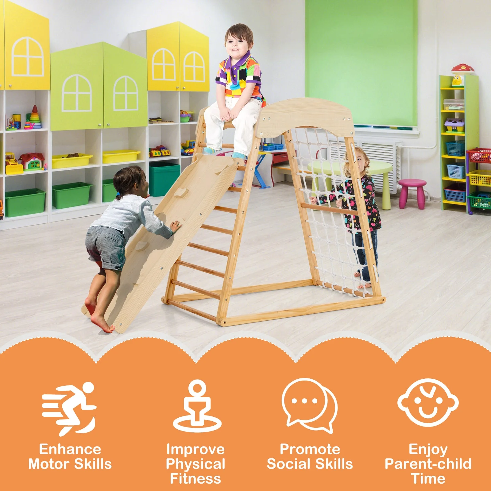 6-in-1 Jungle Gym Wooden Indoor Playground with Double-Sided Ramp and Monkey Bars-Natural - Image 8