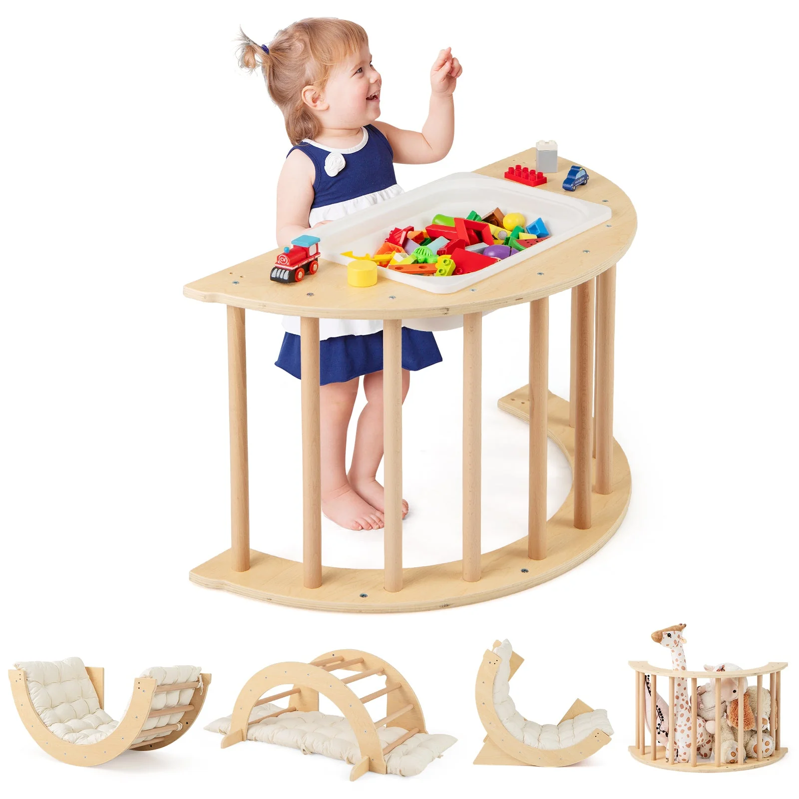 6 in 1 Kids Climbing Arch Playset wIth Removable Cushion and Stoppers-Natural - Image 3