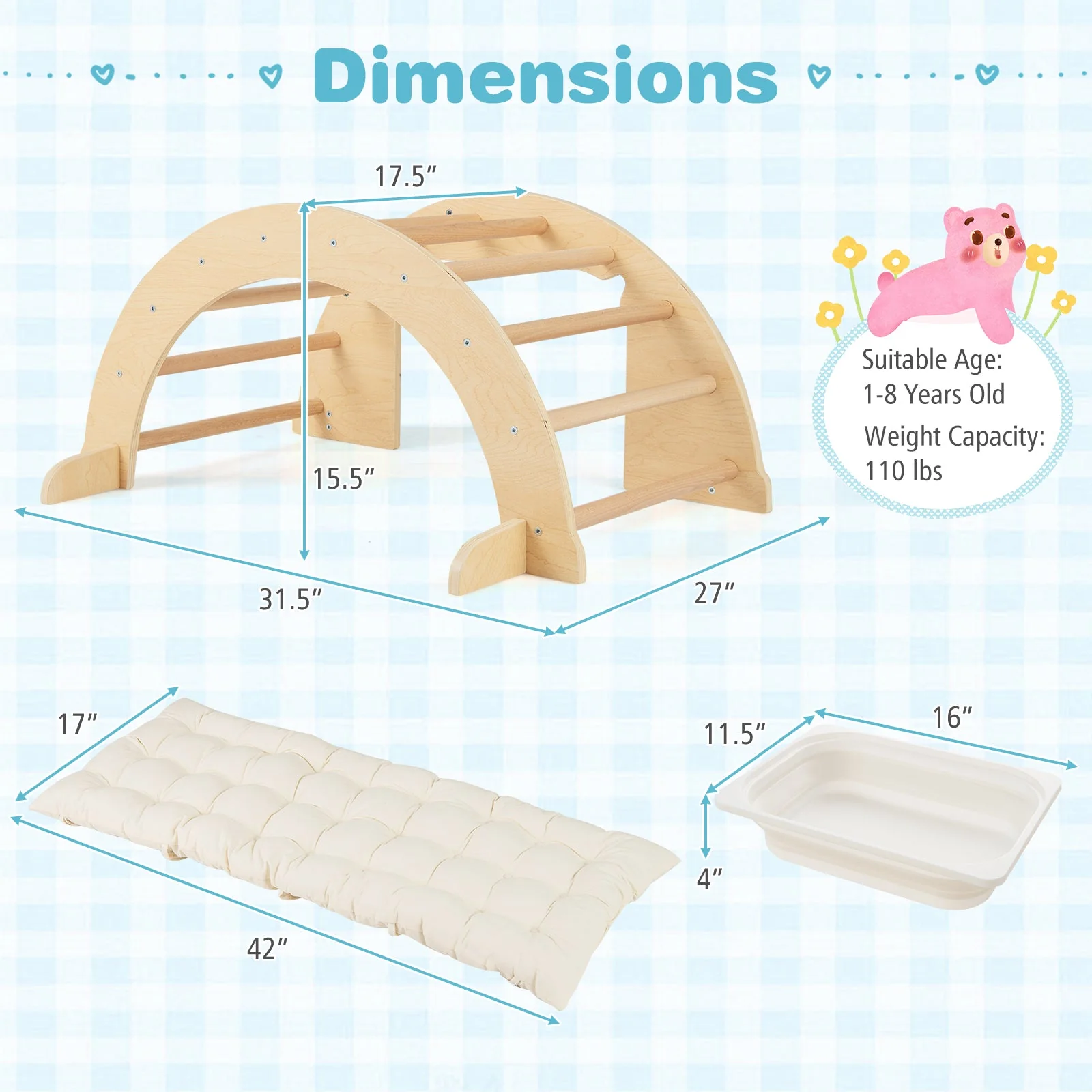 6 in 1 Kids Climbing Arch Playset wIth Removable Cushion and Stoppers-Natural - Image 4