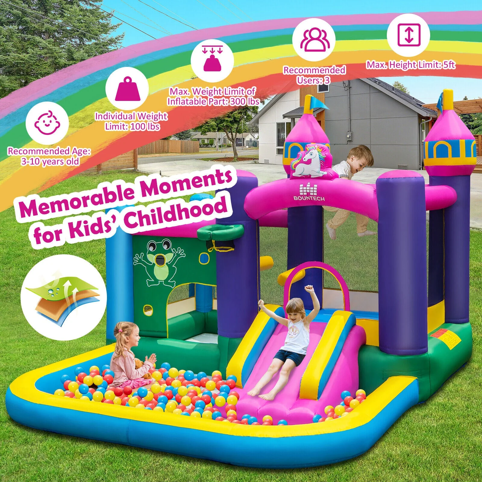6-in-1 Kids Inflatable Unicorn-themed Bounce House with 735W Blower - Image 2