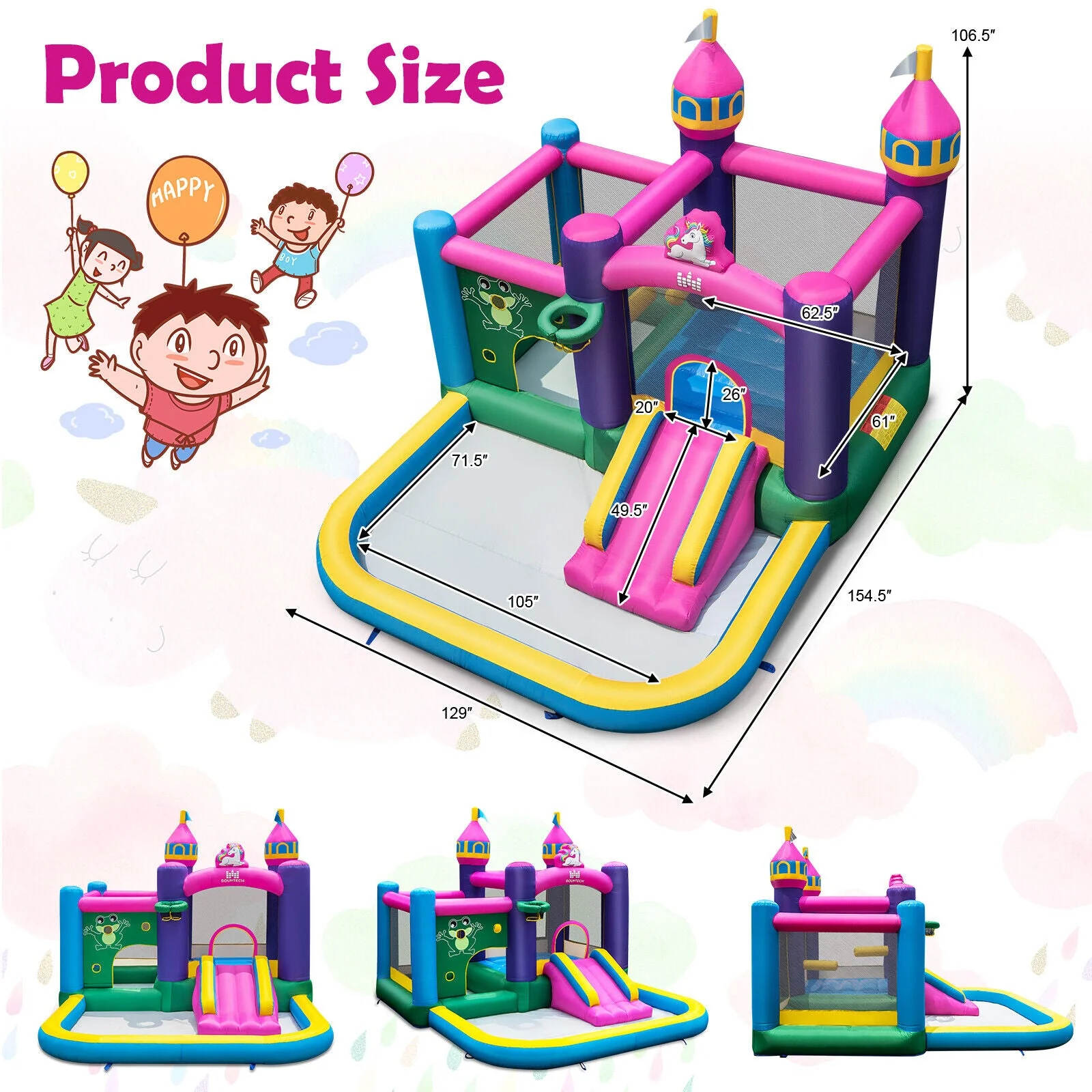 6-in-1 Kids Inflatable Unicorn-themed Bounce House with 735W Blower - Image 4