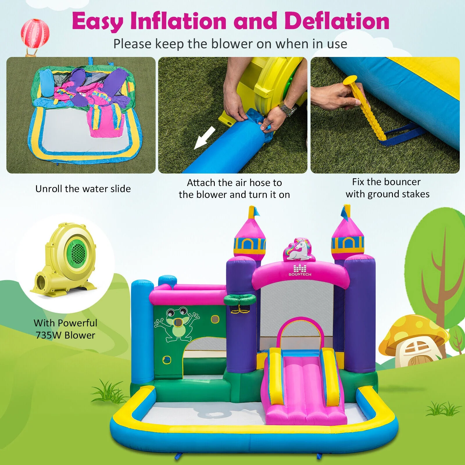 6-in-1 Kids Inflatable Unicorn-themed Bounce House with 735W Blower - Image 5