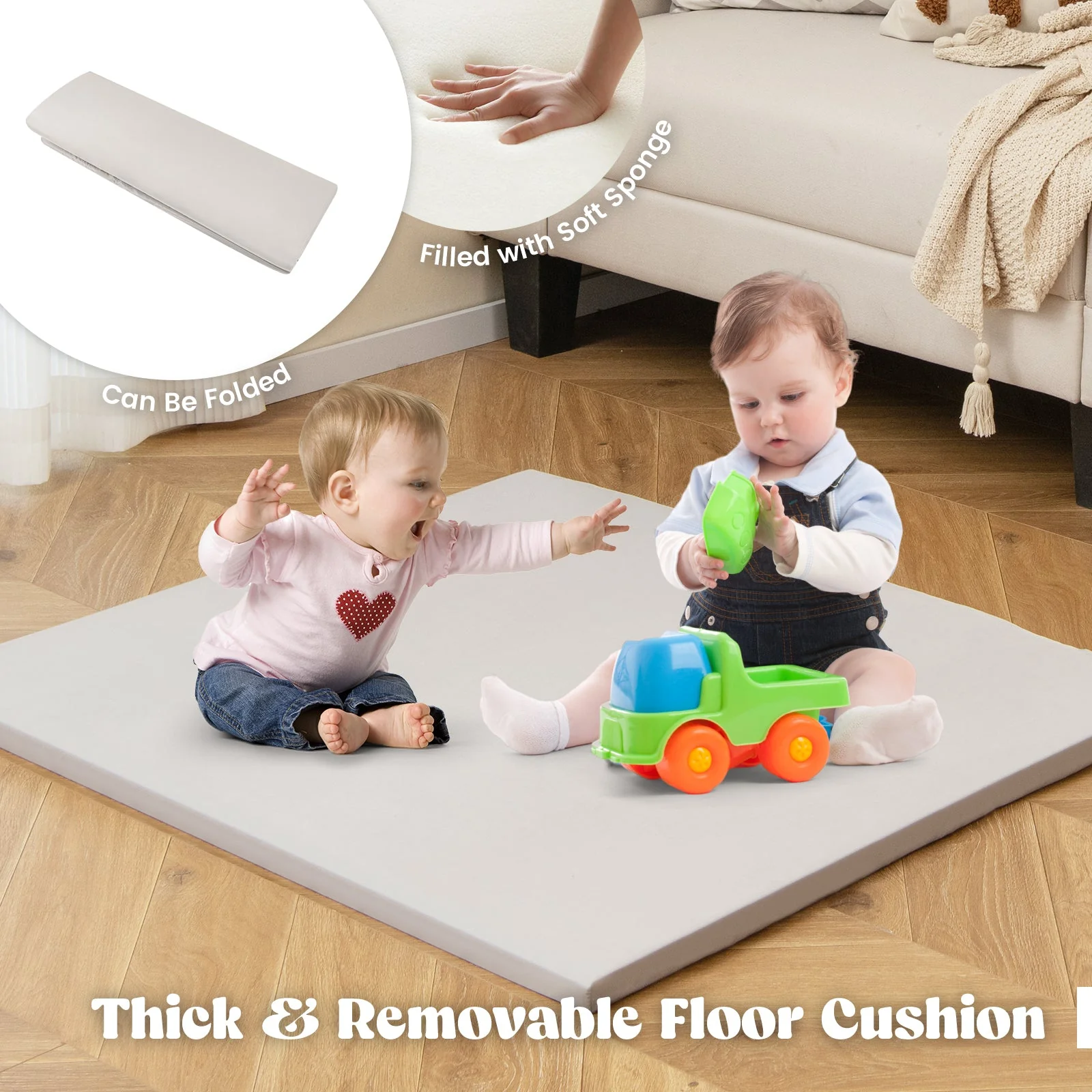 6-in-1 Kids Play Tent Playhouse with Blackboard 6 Storage Bins and Floor Cushion-Beige - Image 2