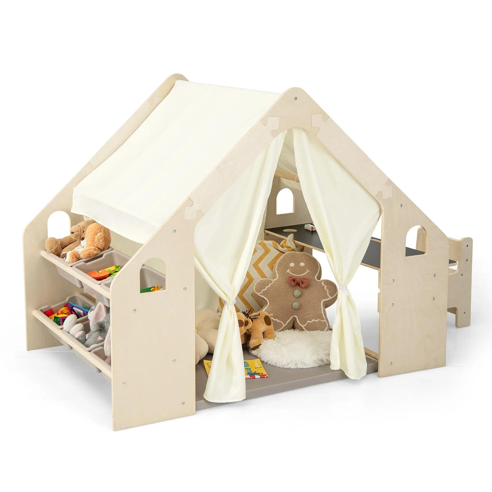 6-in-1 Kids Play Tent Playhouse with Blackboard 6 Storage Bins and Floor Cushion-Beige - Image 3