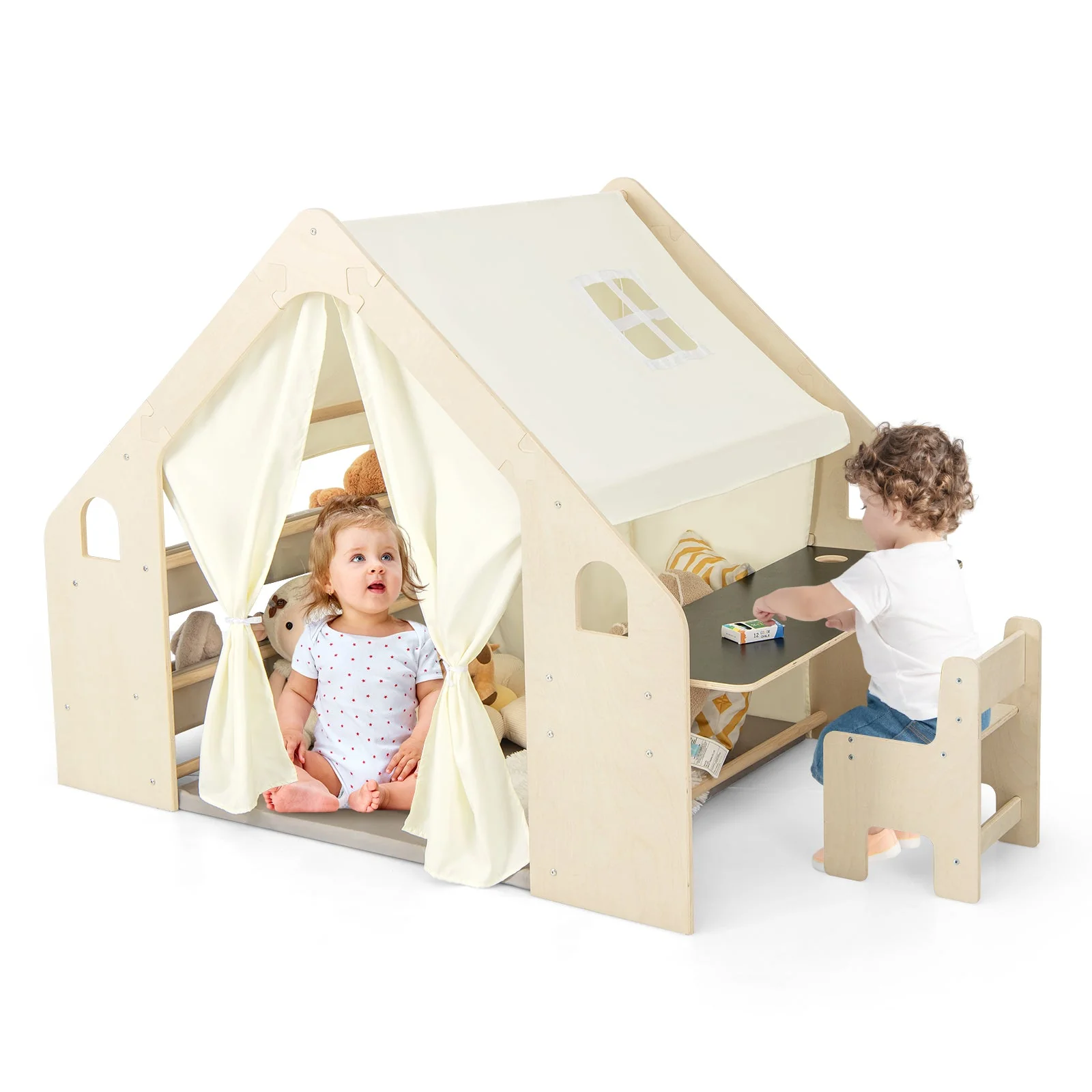 6-in-1 Kids Play Tent Playhouse with Blackboard 6 Storage Bins and Floor Cushion-Beige - Image 4