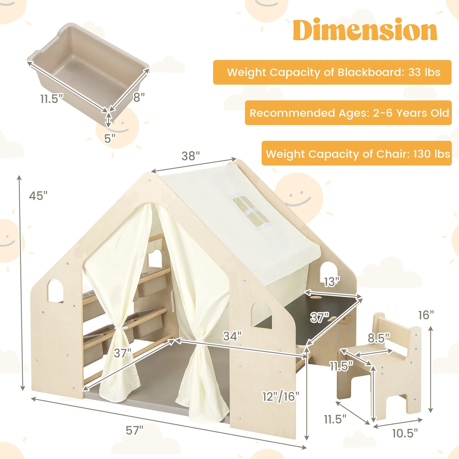6-in-1 Kids Play Tent Playhouse with Blackboard 6 Storage Bins and Floor Cushion-Beige - Image 5