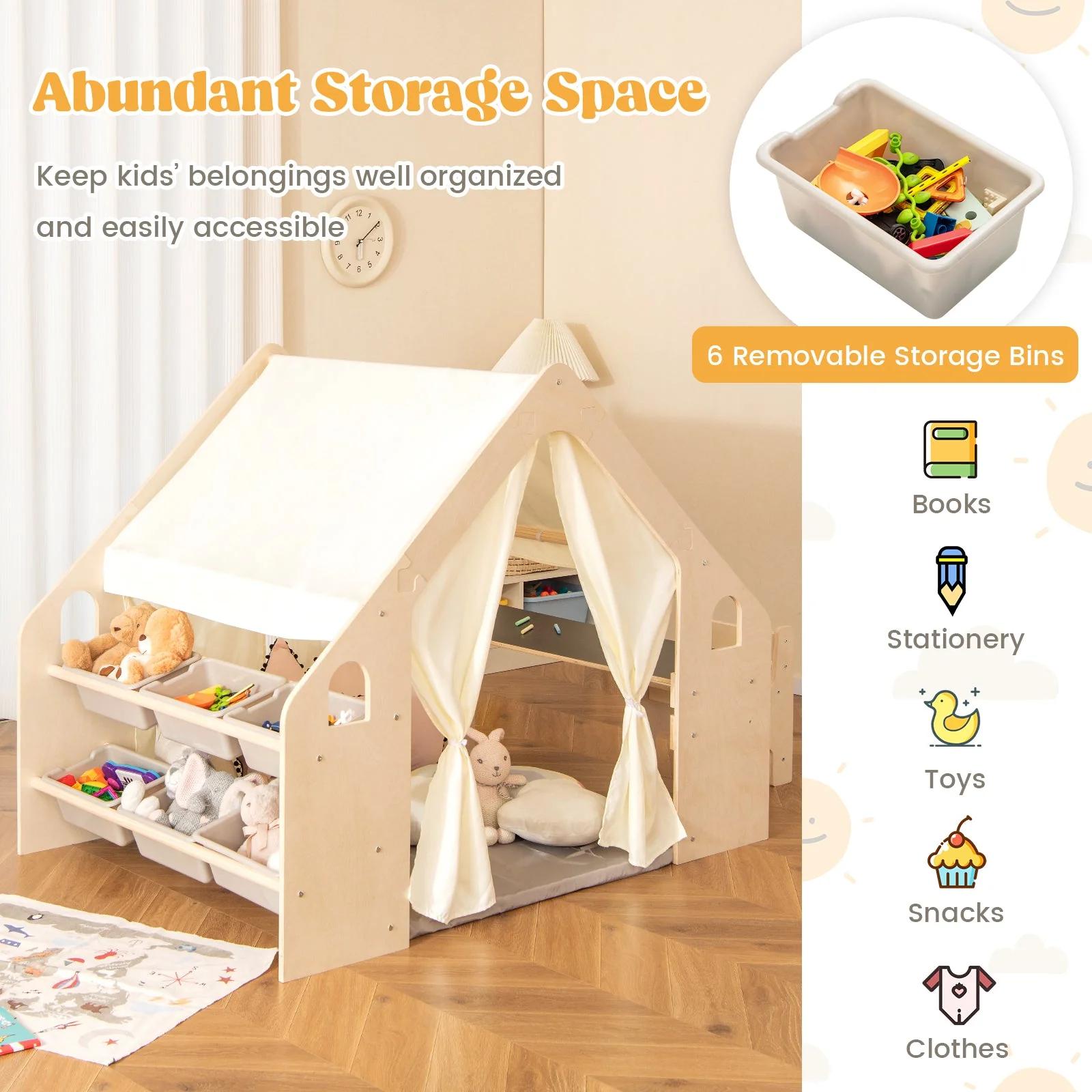 6-in-1 Kids Play Tent Playhouse with Blackboard 6 Storage Bins and Floor Cushion-Beige - Image 6