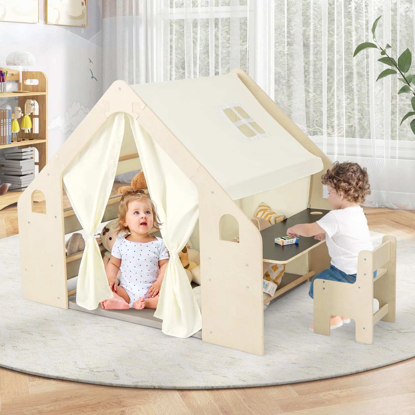 6-in-1 Kids Play Tent Playhouse with Blackboard 6 Storage Bins and Floor Cushion-Beige - Image 7