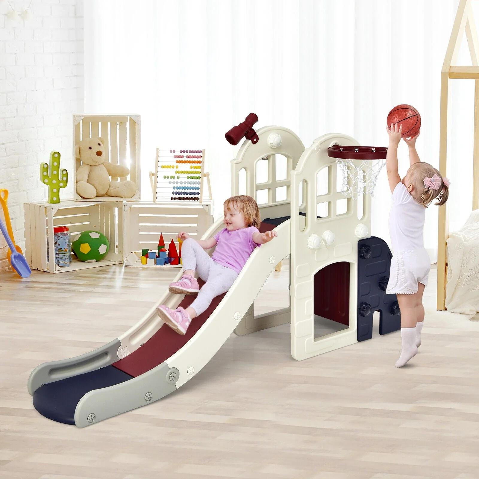 6-In-1 Large Slide for Kids Toddler Climber Slide Playset with Basketball Hoop-Blue - Image 2