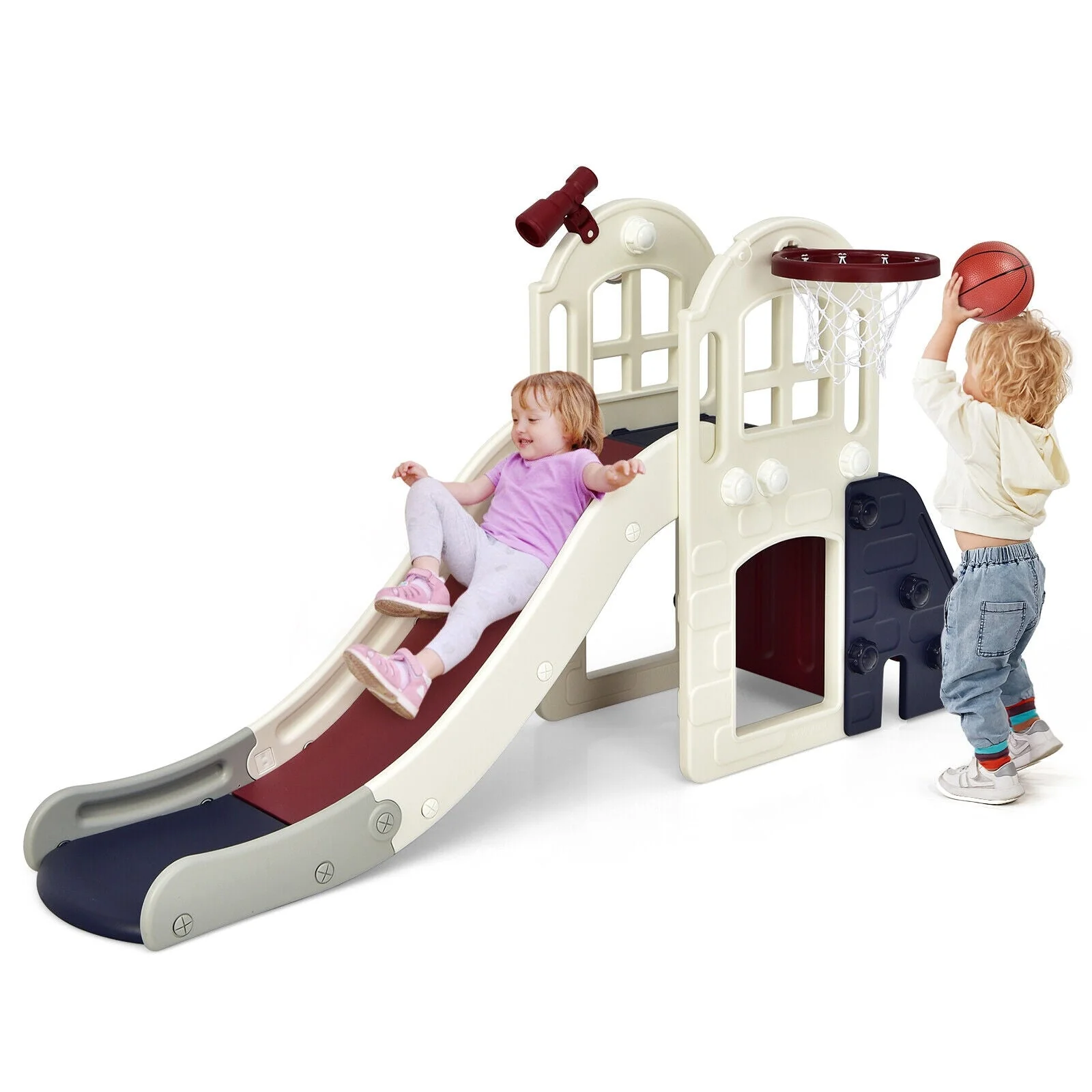 6-In-1 Large Slide for Kids Toddler Climber Slide Playset with Basketball Hoop-Blue - Image 4