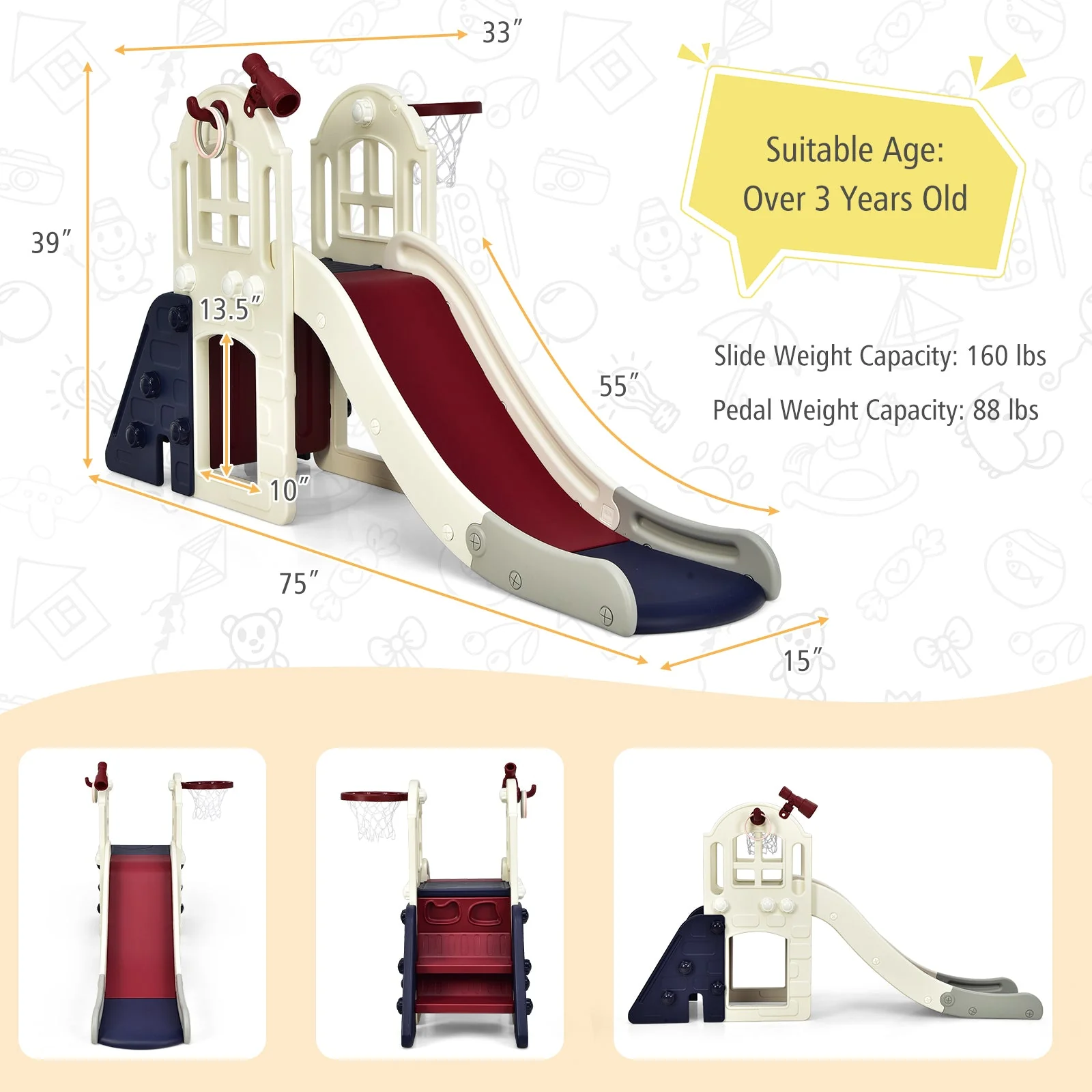 6-In-1 Large Slide for Kids Toddler Climber Slide Playset with Basketball Hoop-Blue - Image 5