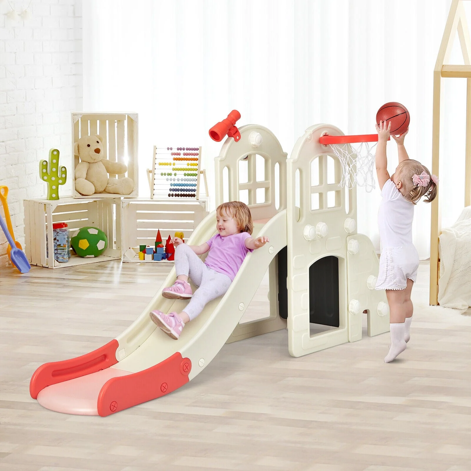 6-In-1 Large Slide for Kids Toddler Climber Slide Playset with Basketball Hoop-Pink - Image 2