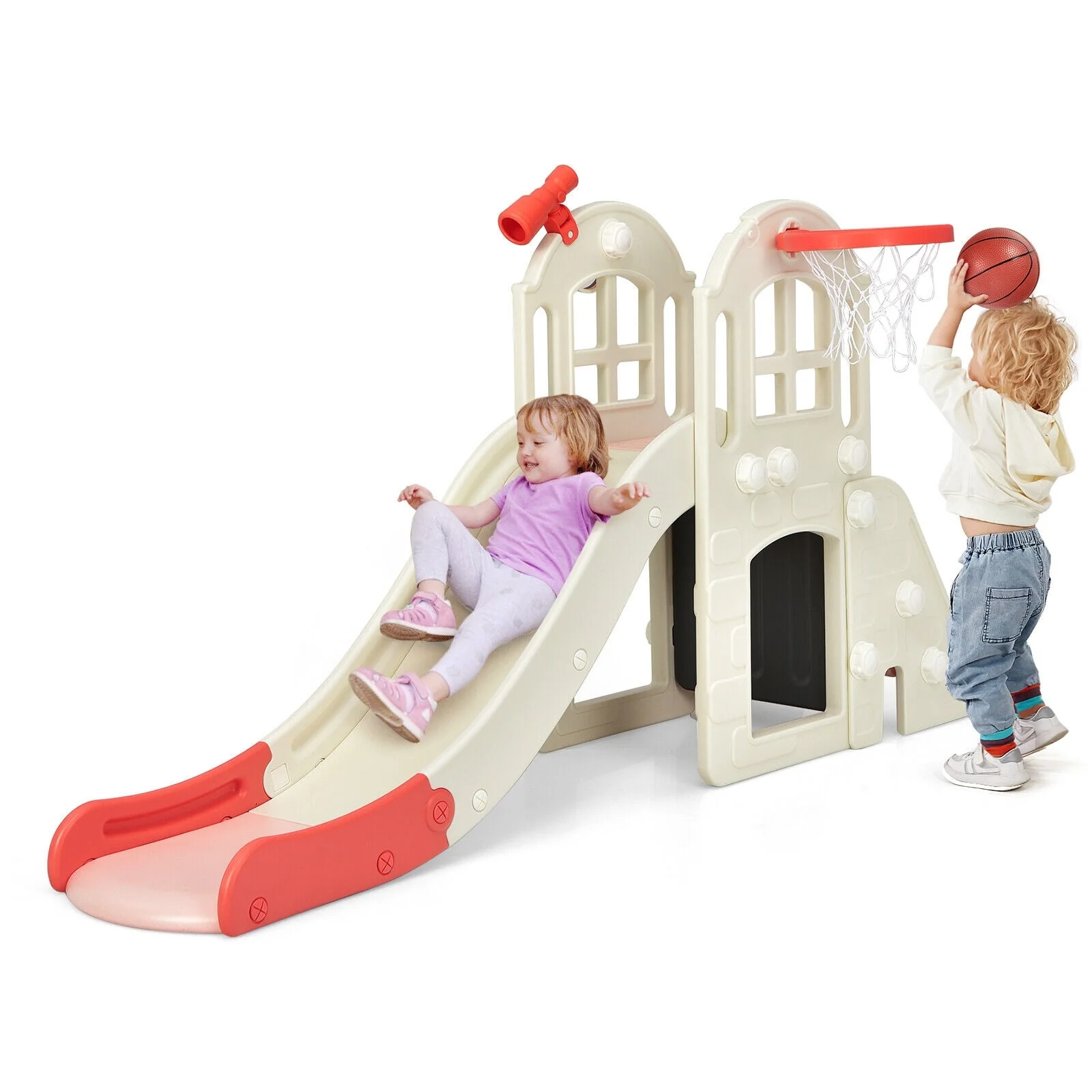 6-In-1 Large Slide for Kids Toddler Climber Slide Playset with Basketball Hoop-Pink - Image 4
