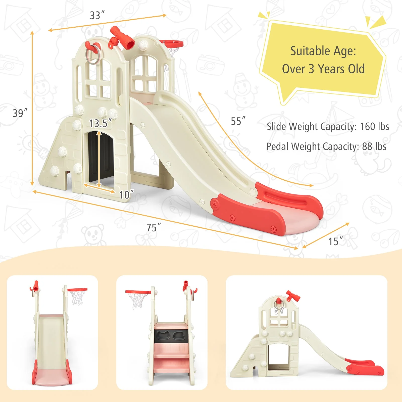 6-In-1 Large Slide for Kids Toddler Climber Slide Playset with Basketball Hoop-Pink - Image 5