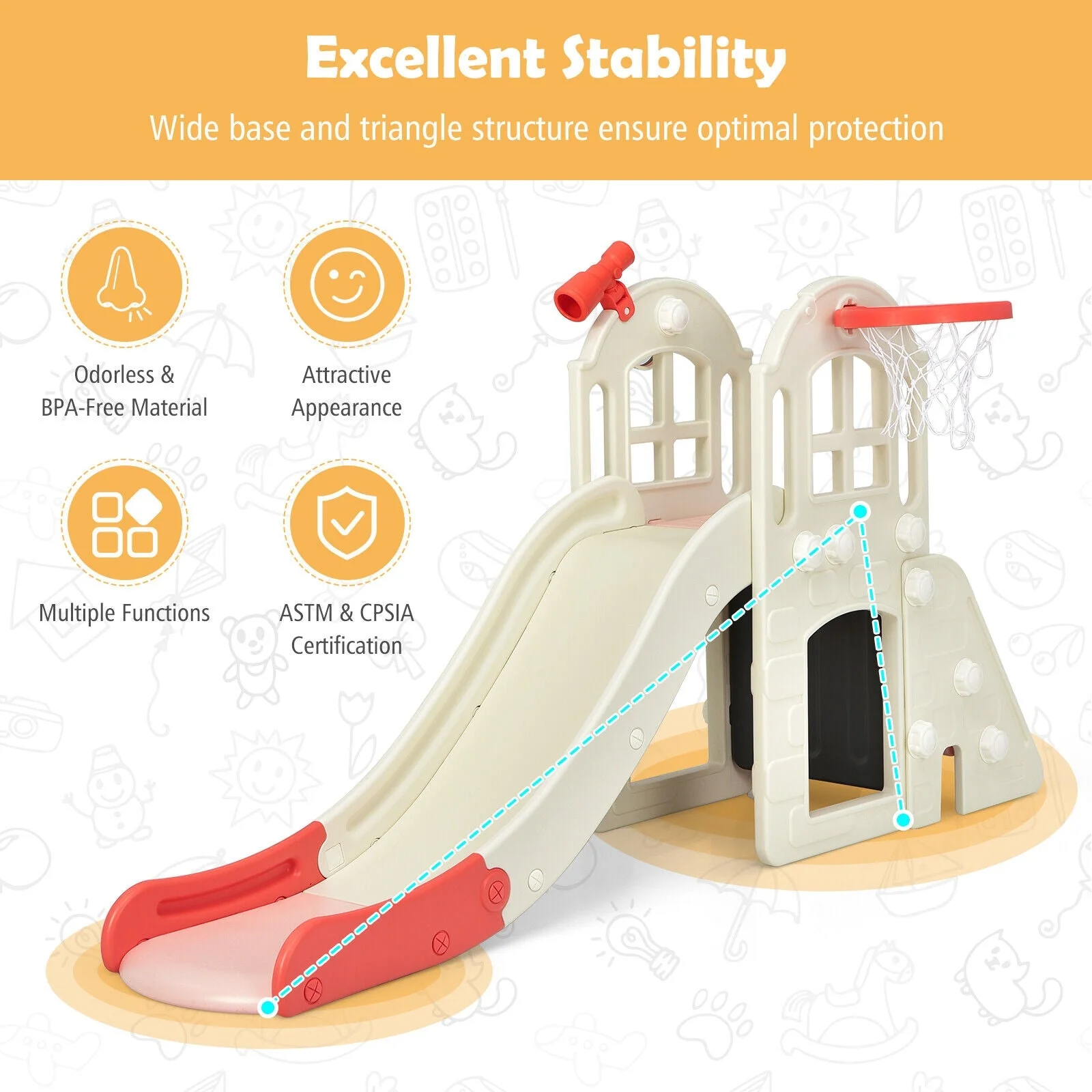 6-In-1 Large Slide for Kids Toddler Climber Slide Playset with Basketball Hoop-Pink - Image 7