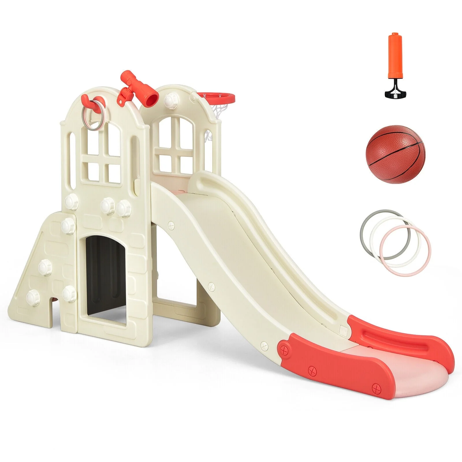 6-In-1 Large Slide for Kids Toddler Climber Slide Playset with Basketball Hoop-Pink - Image 8