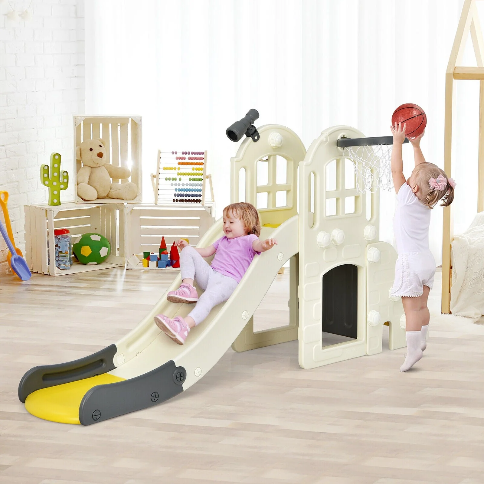 6-In-1 Large Slide for Kids Toddler Climber Slide Playset with Basketball Hoop-Yellow - Image 2