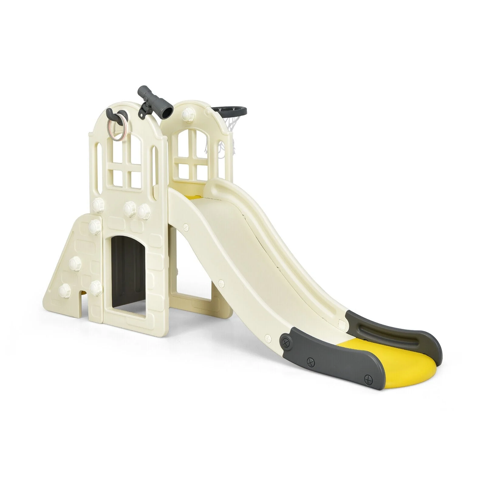 6-In-1 Large Slide for Kids Toddler Climber Slide Playset with Basketball Hoop-Yellow - Image 3