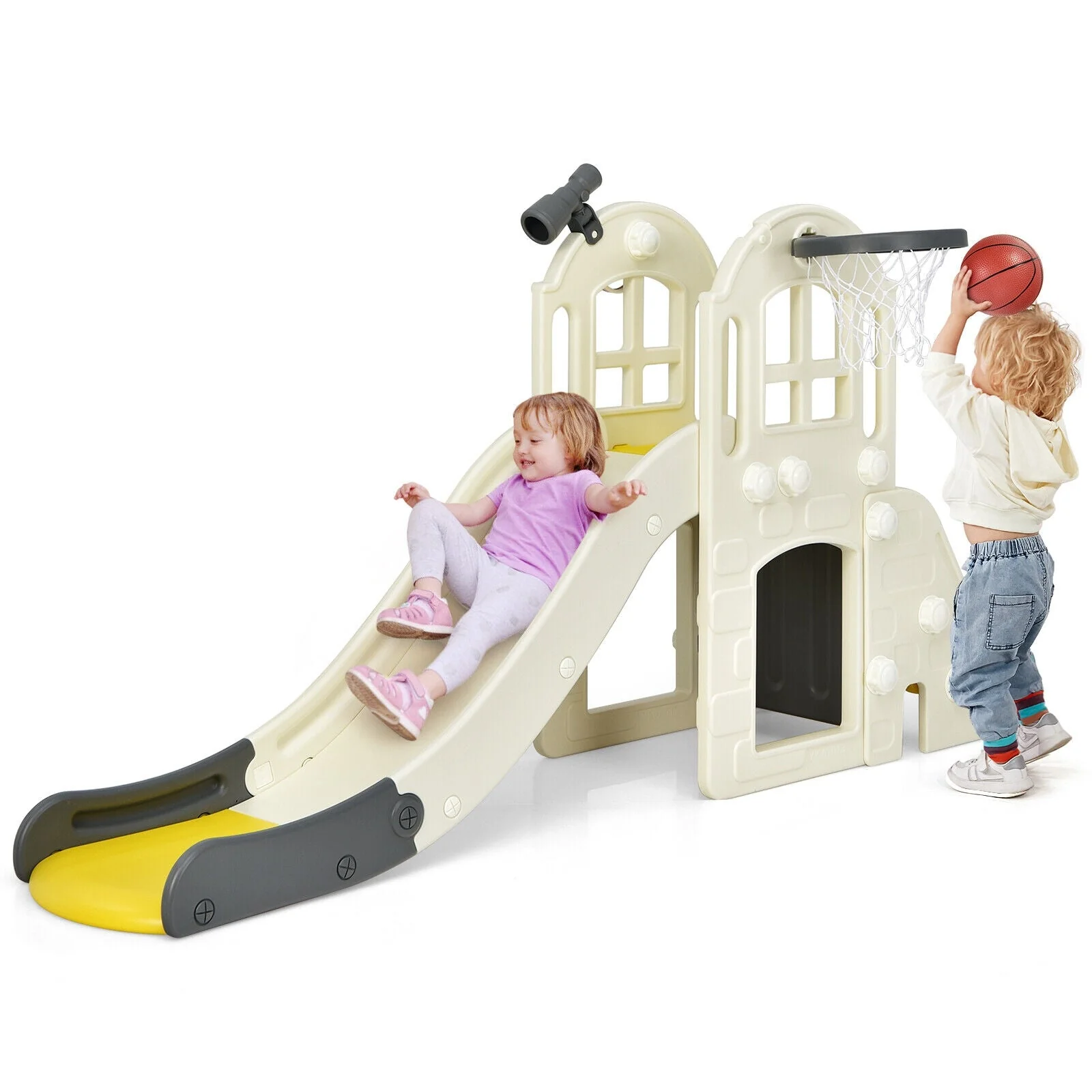 6-In-1 Large Slide for Kids Toddler Climber Slide Playset with Basketball Hoop-Yellow - Image 4