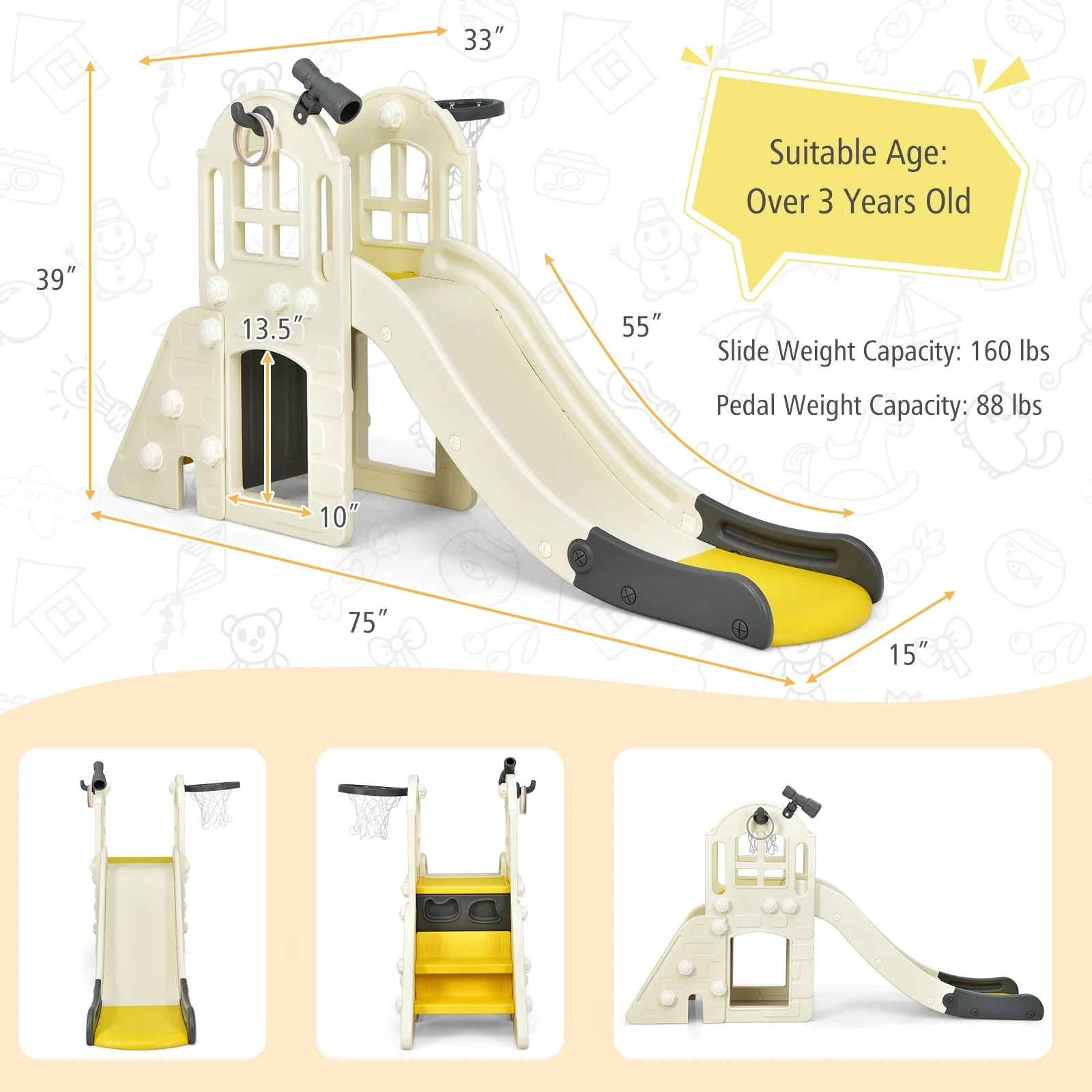 6-In-1 Large Slide for Kids Toddler Climber Slide Playset with Basketball Hoop-Yellow - Image 5
