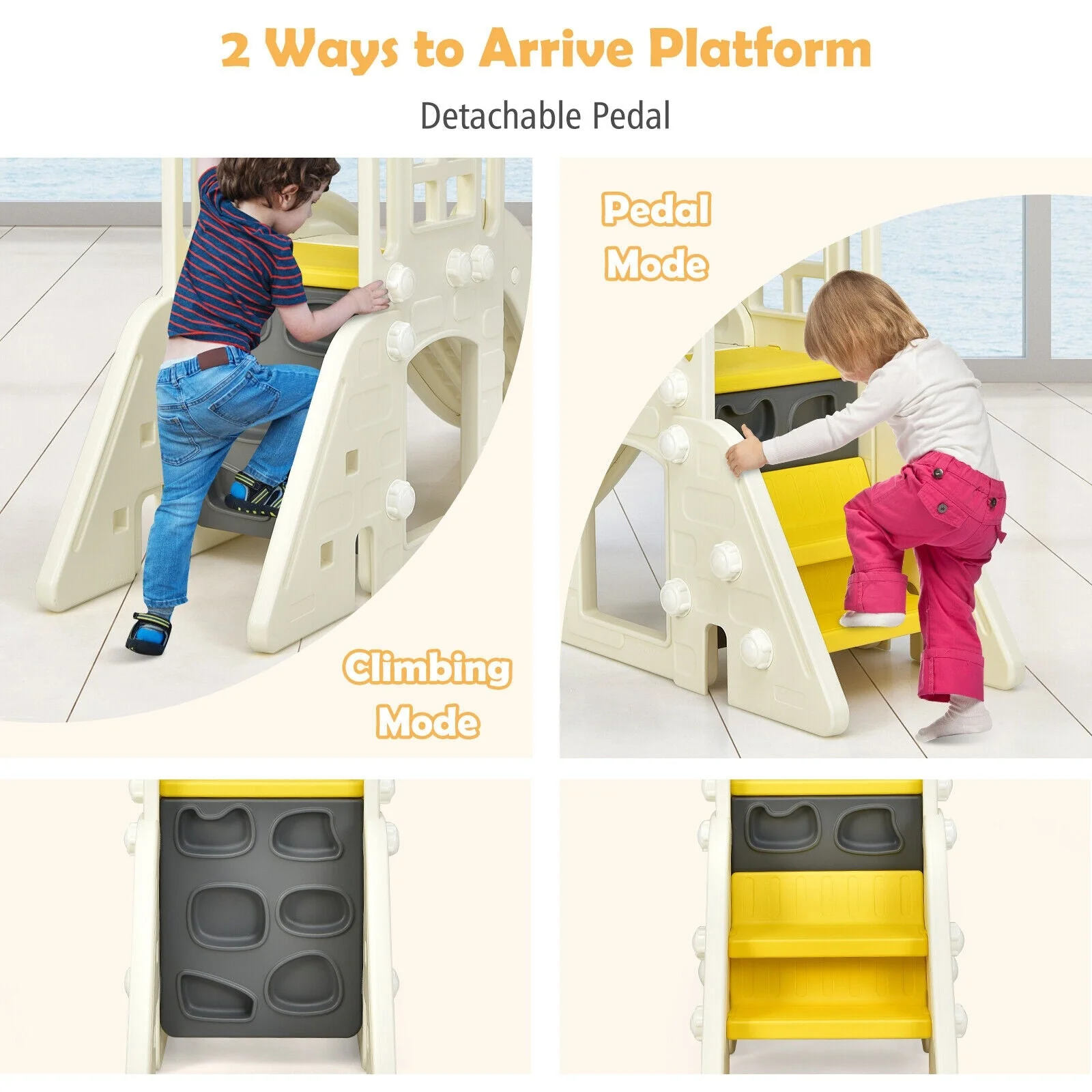 6-In-1 Large Slide for Kids Toddler Climber Slide Playset with Basketball Hoop-Yellow - Image 6