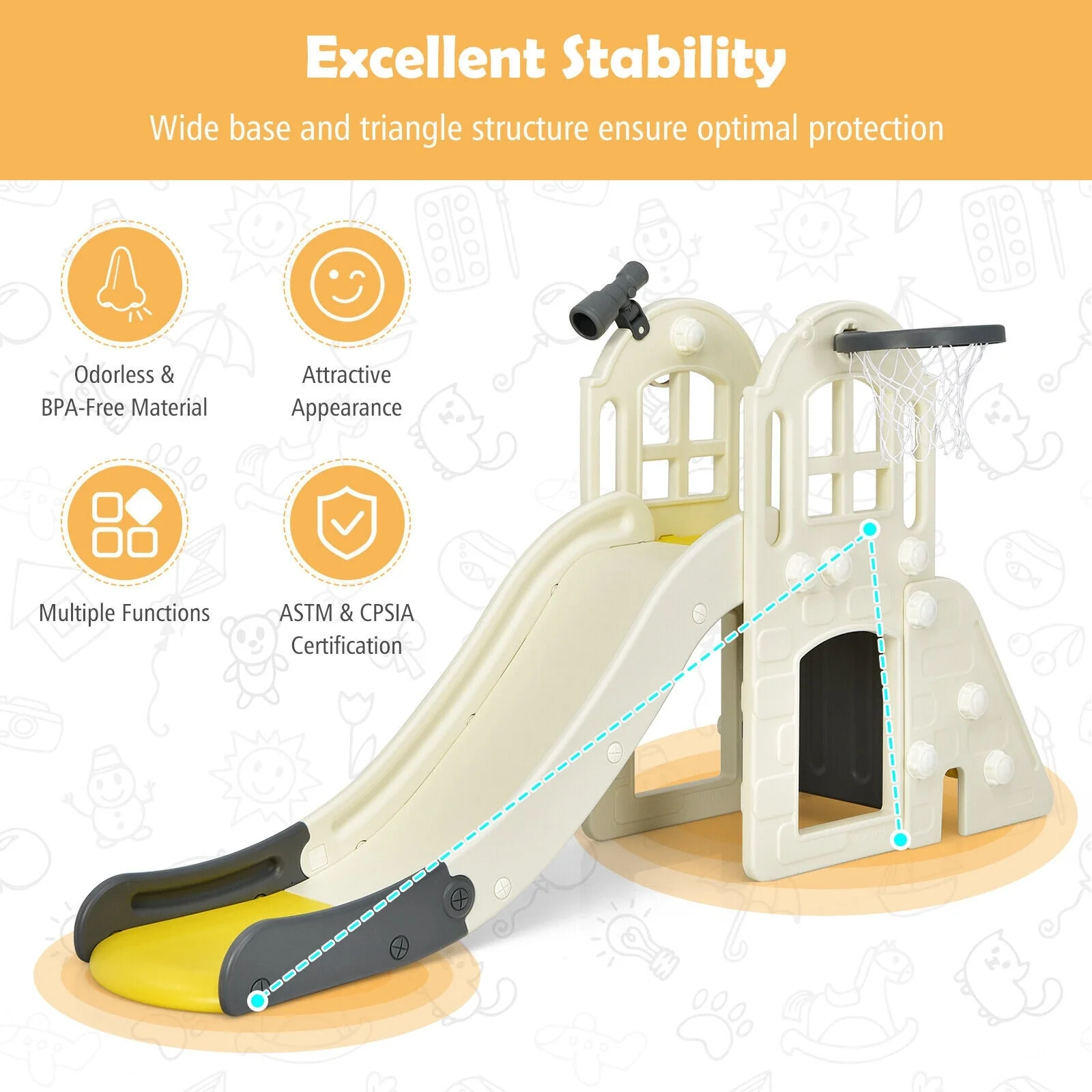6-In-1 Large Slide for Kids Toddler Climber Slide Playset with Basketball Hoop-Yellow - Image 7