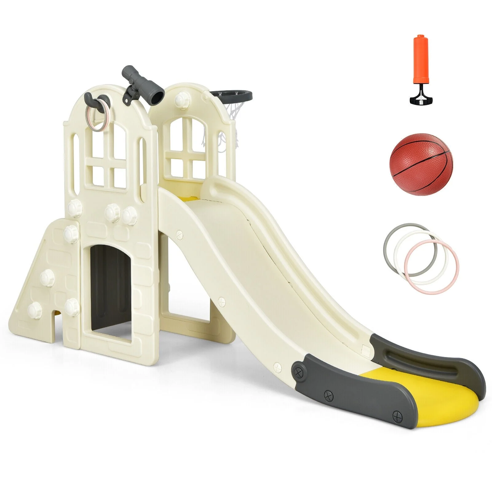 6-In-1 Large Slide for Kids Toddler Climber Slide Playset with Basketball Hoop-Yellow - Image 8