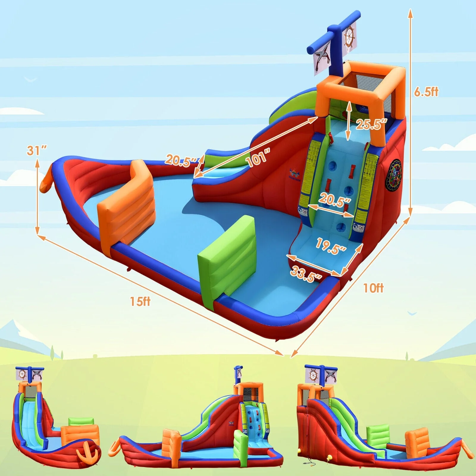 6-in-1 Pirate Ship Waterslide Kid Inflatable Castle with Water Guns and 735W Blower - Image 4