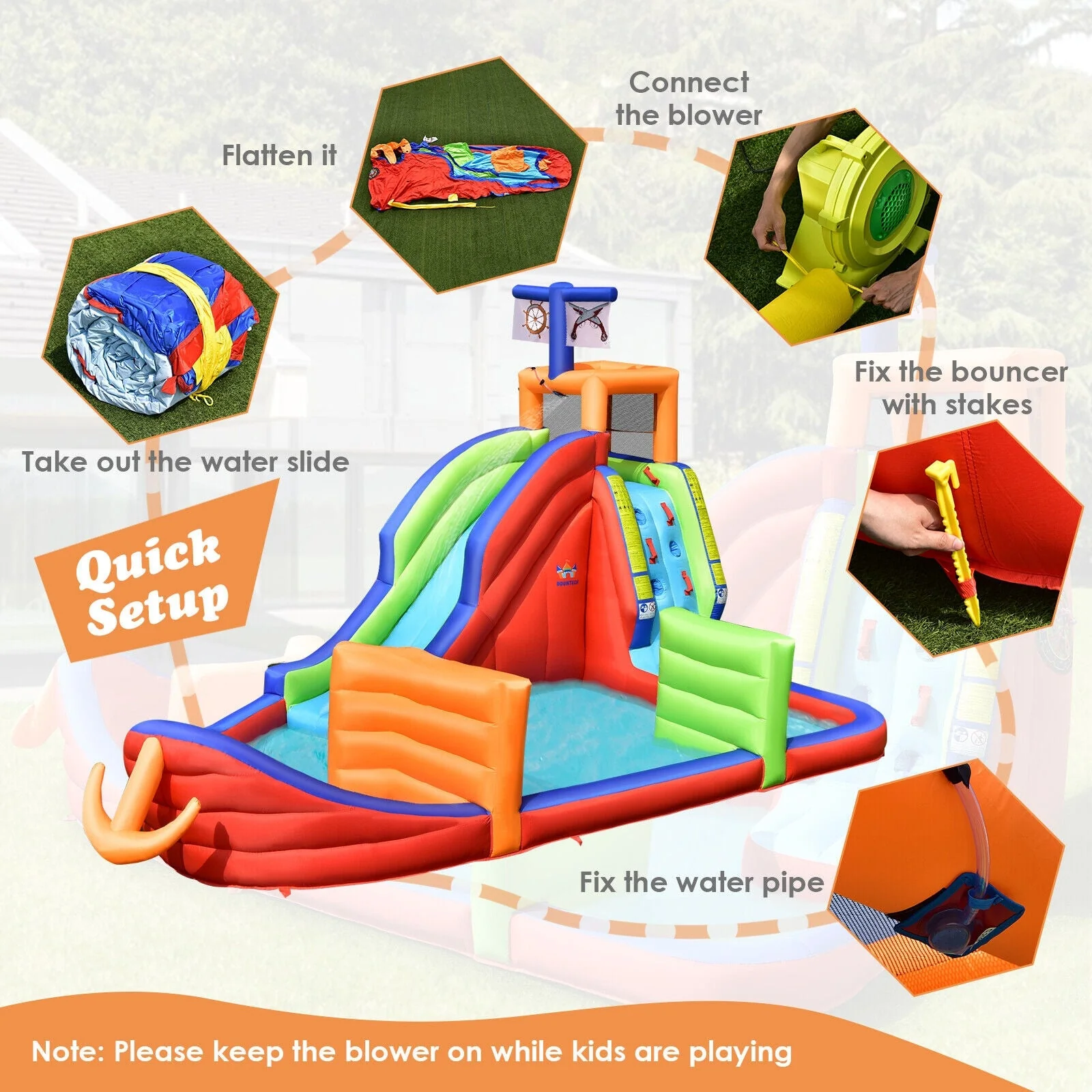 6-in-1 Pirate Ship Waterslide Kid Inflatable Castle with Water Guns and 735W Blower - Image 5