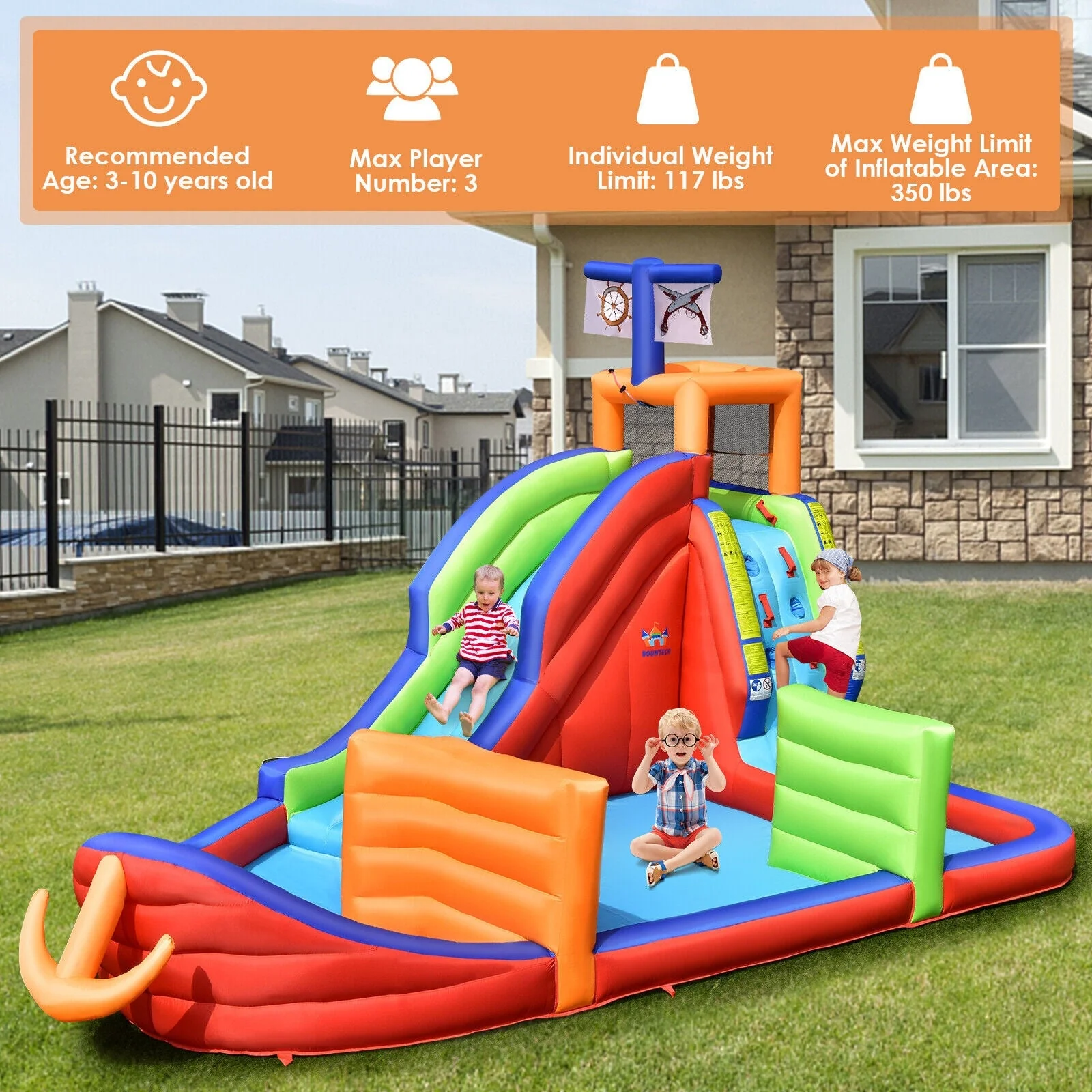 6-in-1 Pirate Ship Waterslide Kid Inflatable Castle with Water Guns and 735W Blower - Image 7