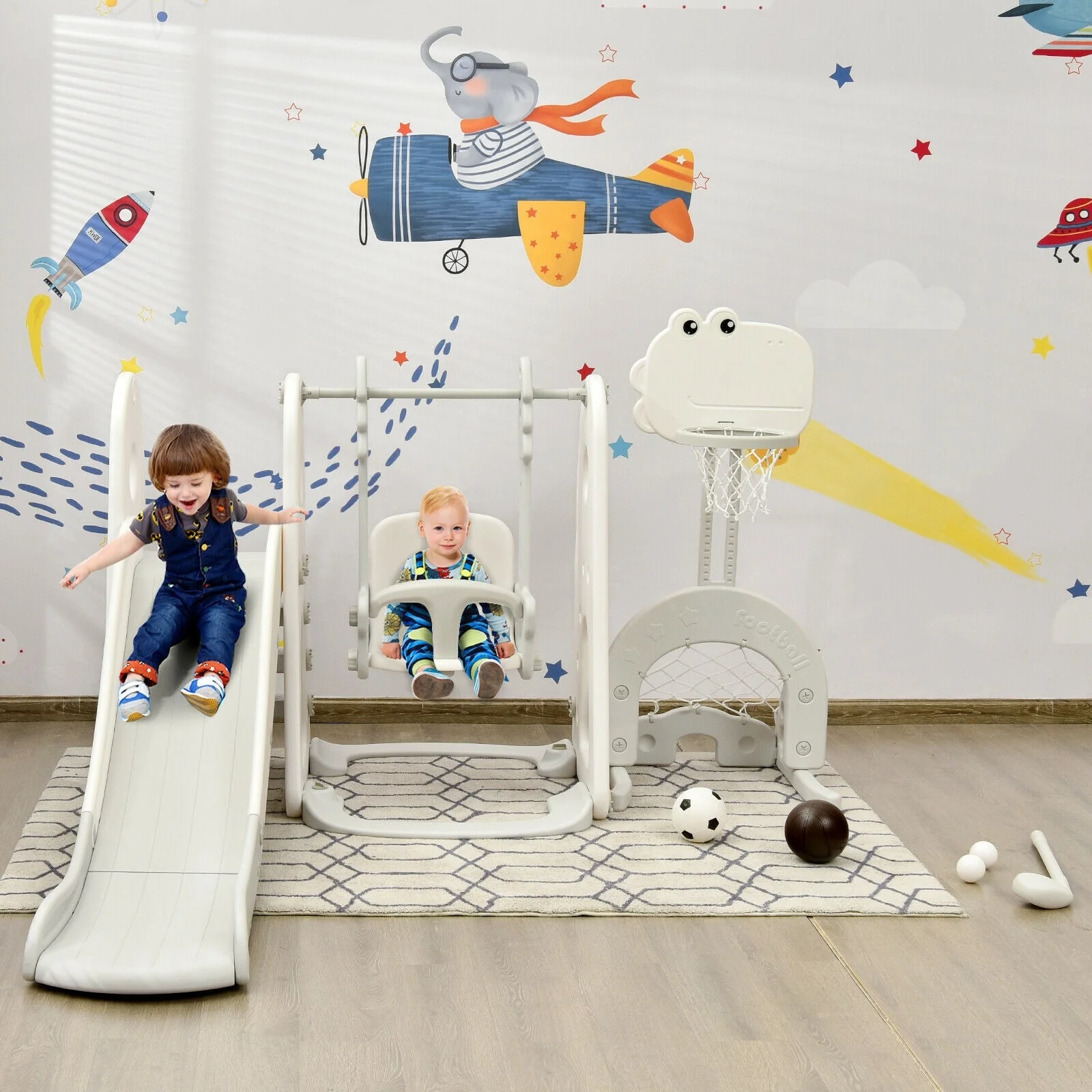 6 in 1 Toddler Slide and Swing Set with Ball Games-White - Image 2
