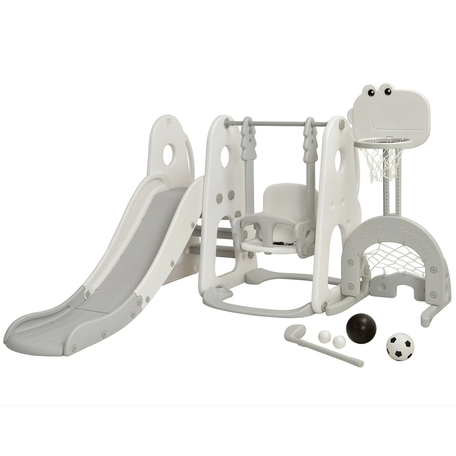 6 in 1 Toddler Slide and Swing Set with Ball Games-White - Image 3