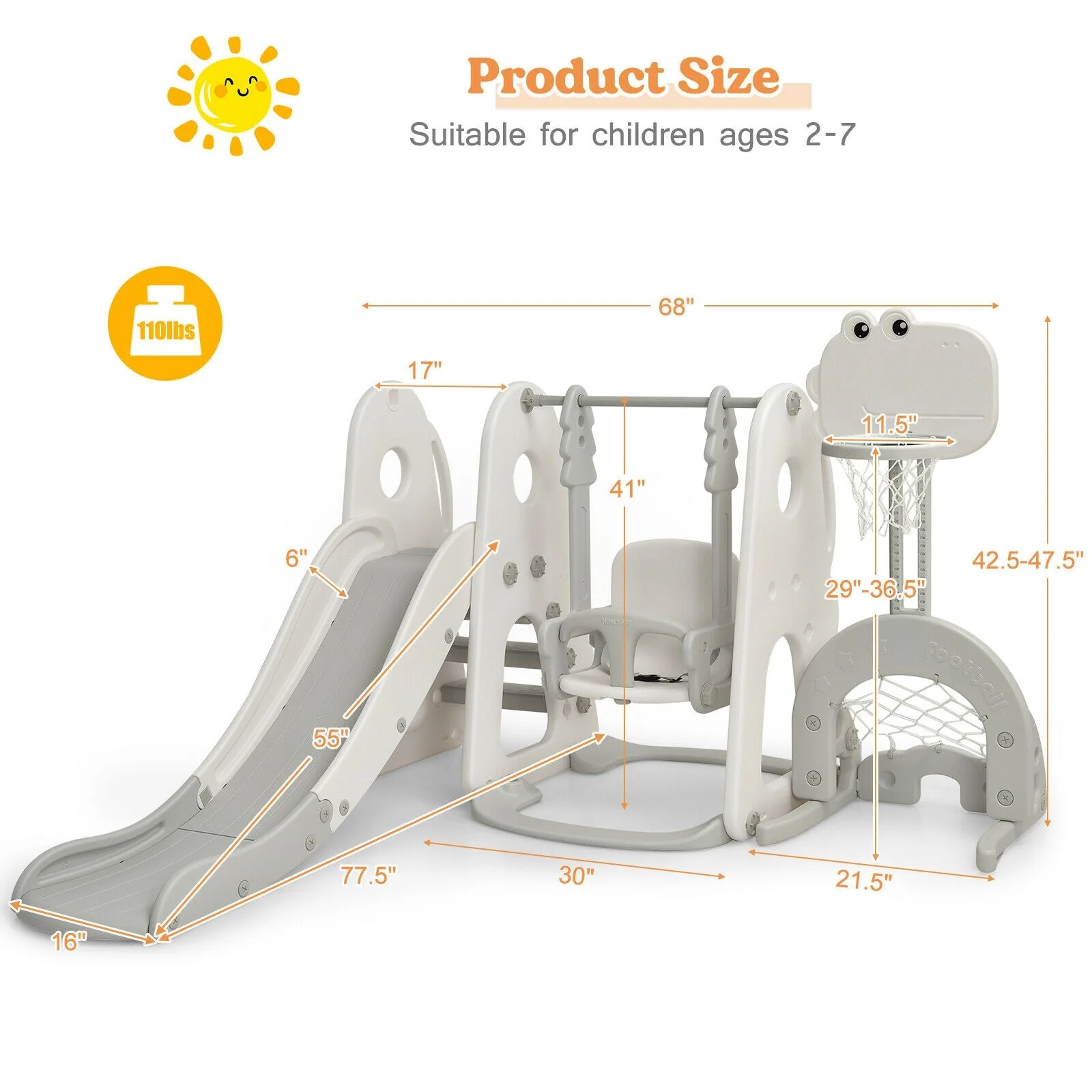 6 in 1 Toddler Slide and Swing Set with Ball Games-White - Image 4