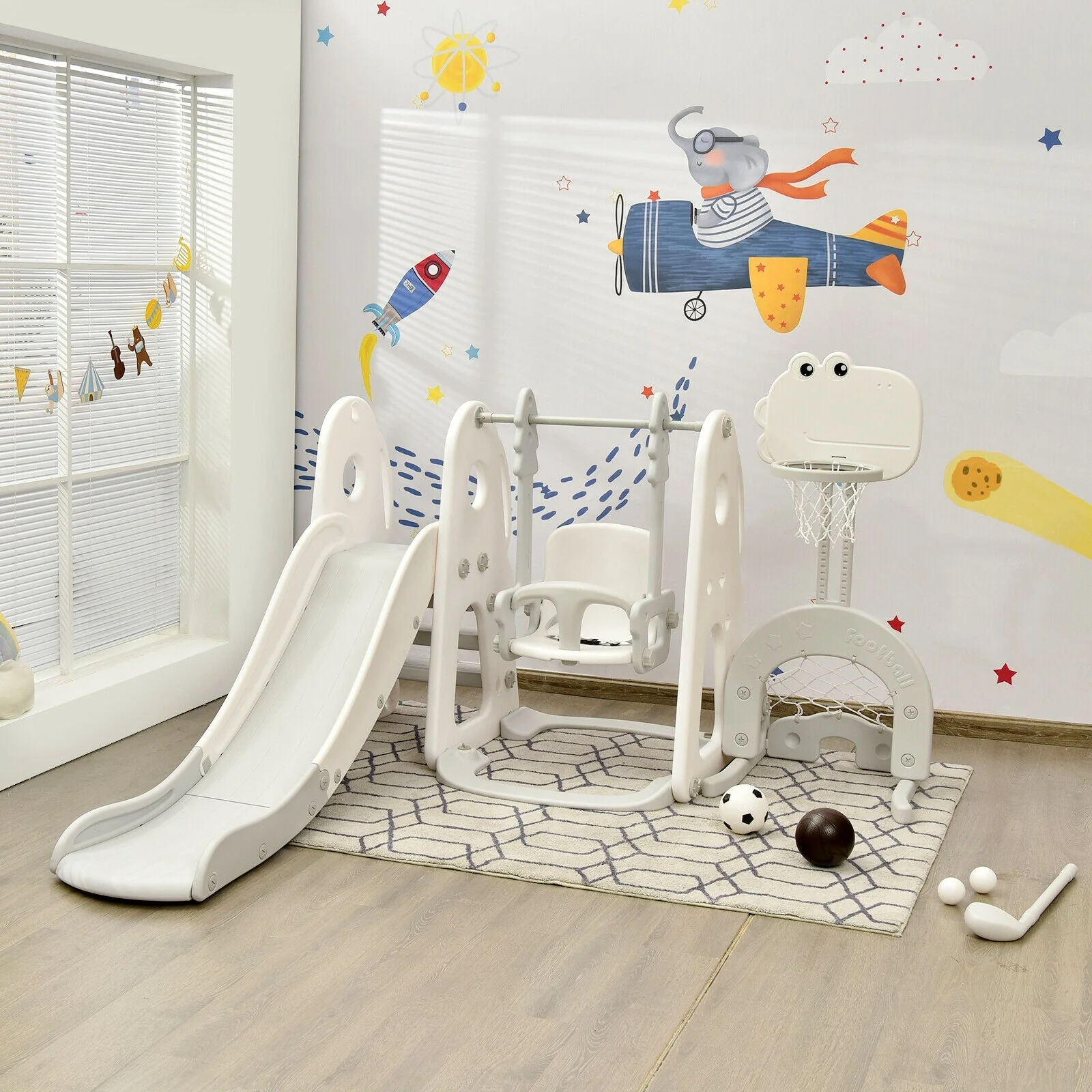 6 in 1 Toddler Slide and Swing Set with Ball Games-White - Image 5