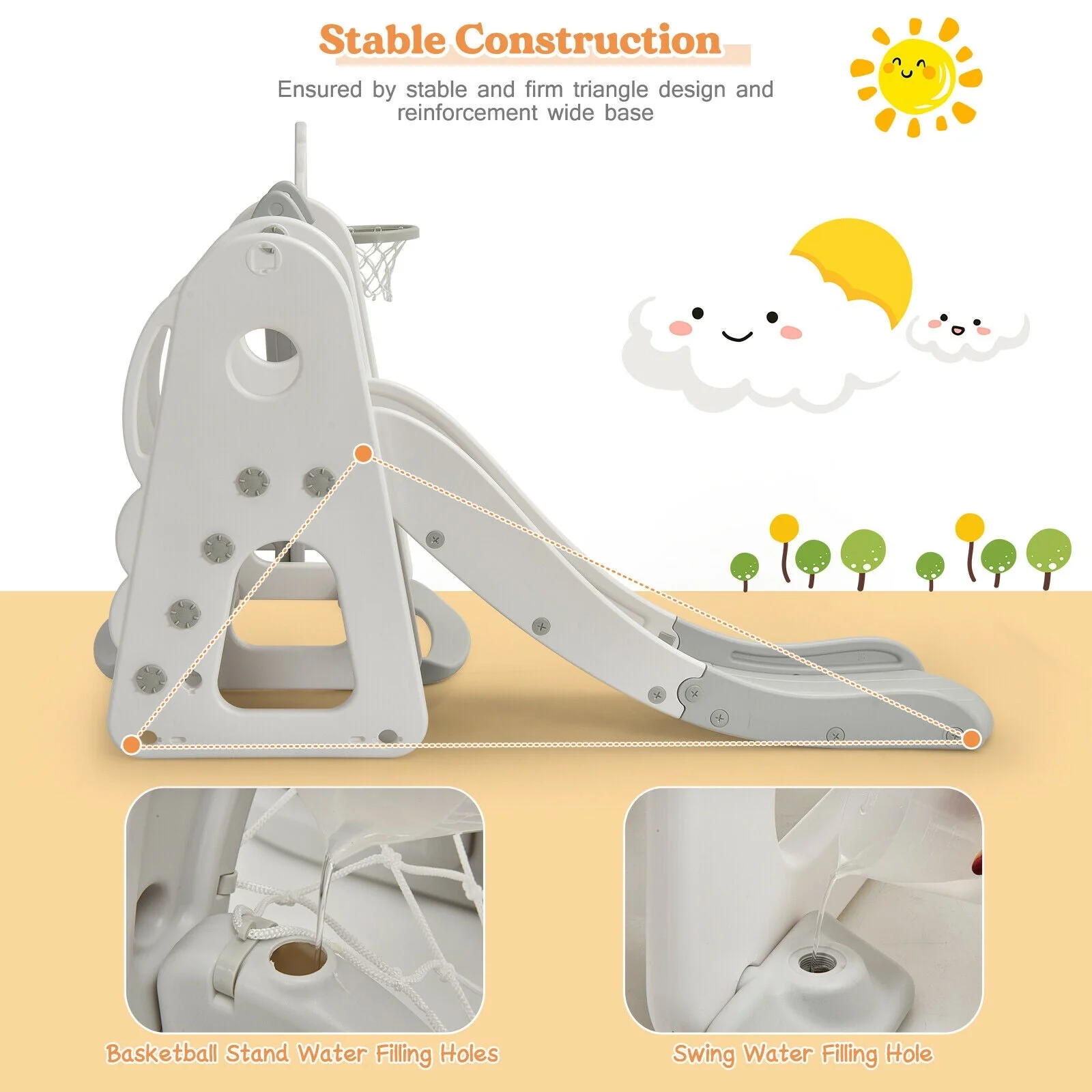 6 in 1 Toddler Slide and Swing Set with Ball Games-White - Image 8
