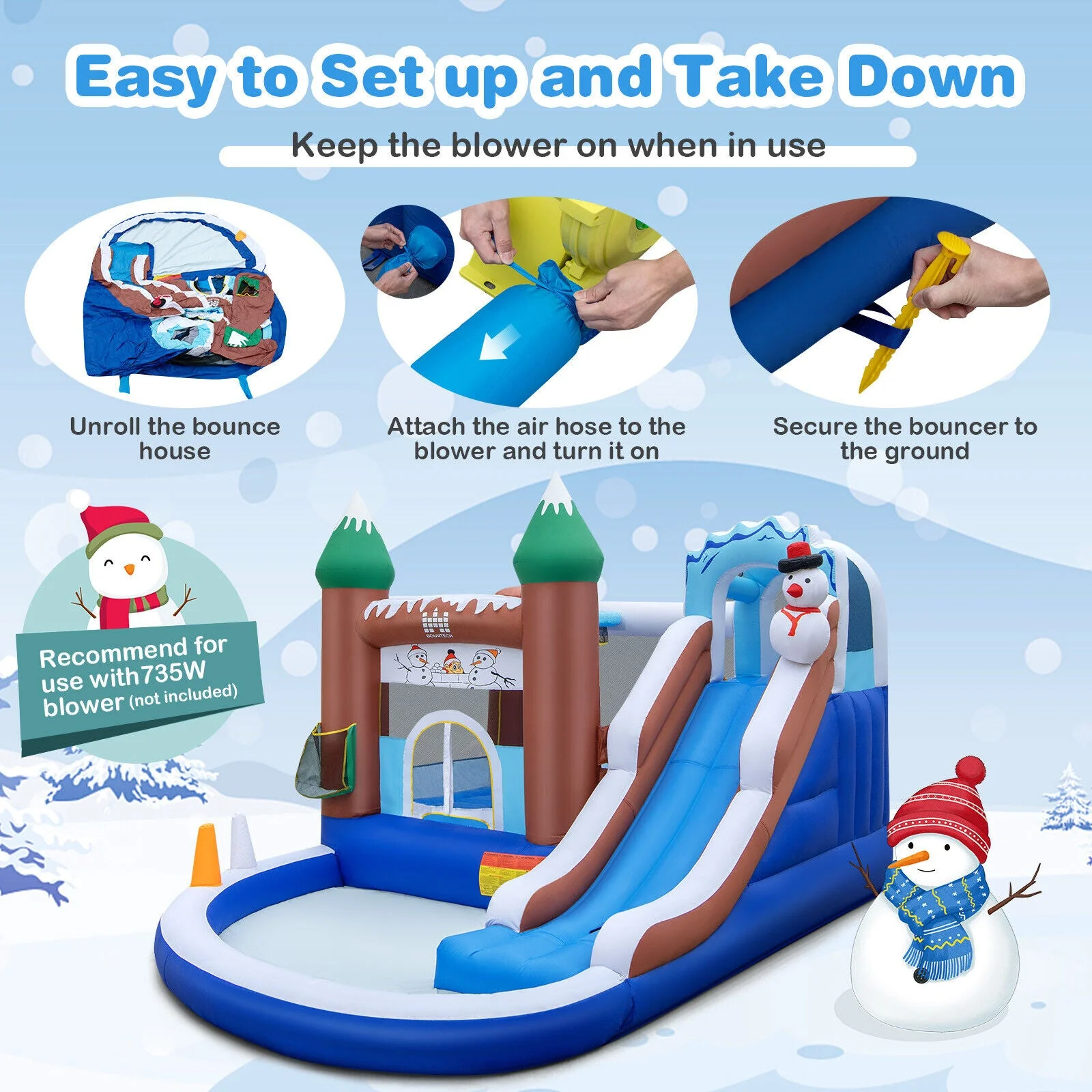 6-in-1 Winter Theme Snowman Inflatable Castle with Slide and Trampoline without Blower - Image 5